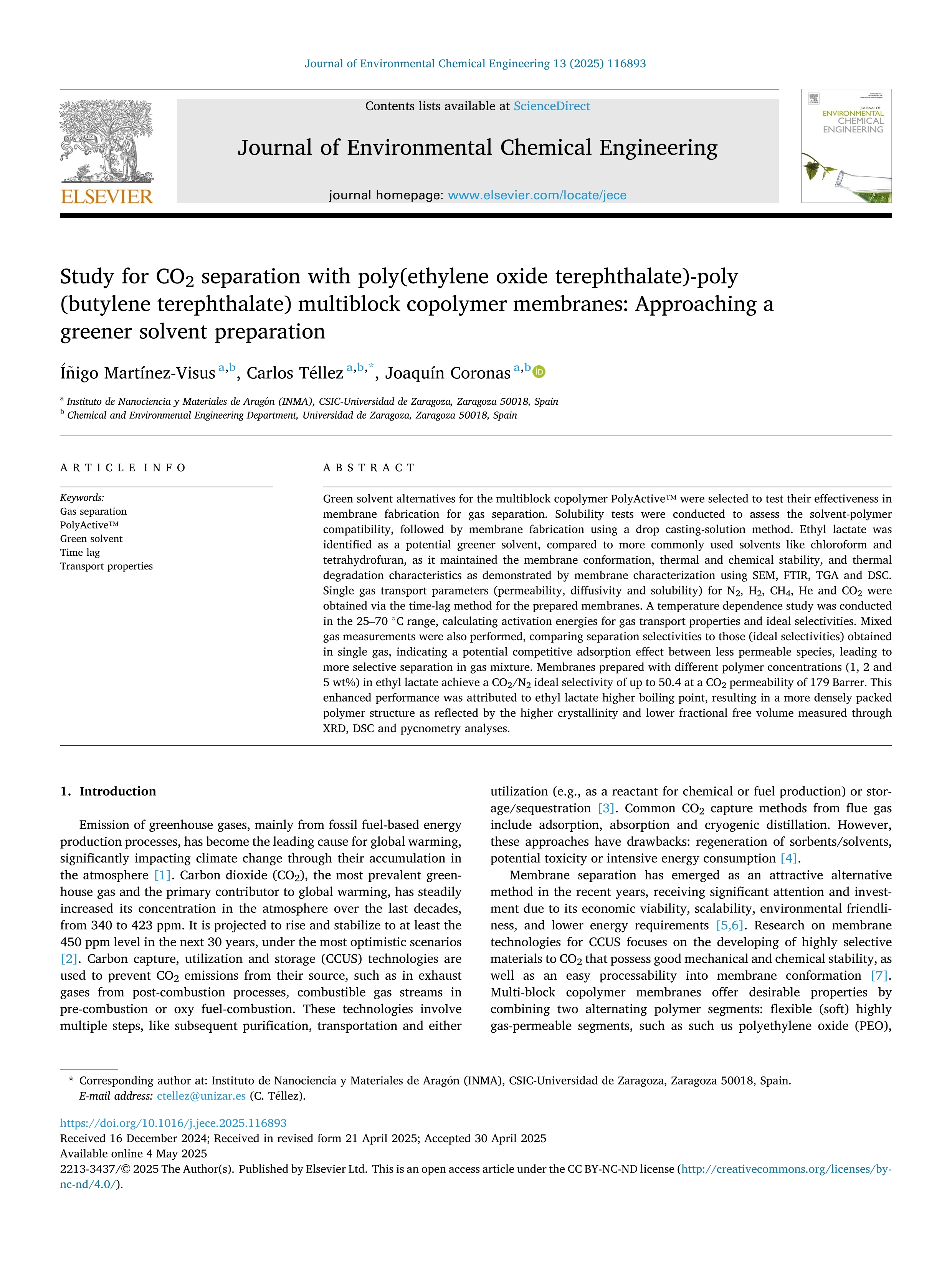 Study for CO2 separation with poly(ethylene oxide terephthalate)-poly(butylene terephthalate) multiblock copolymer membranes: Approaching a greener solvent preparation