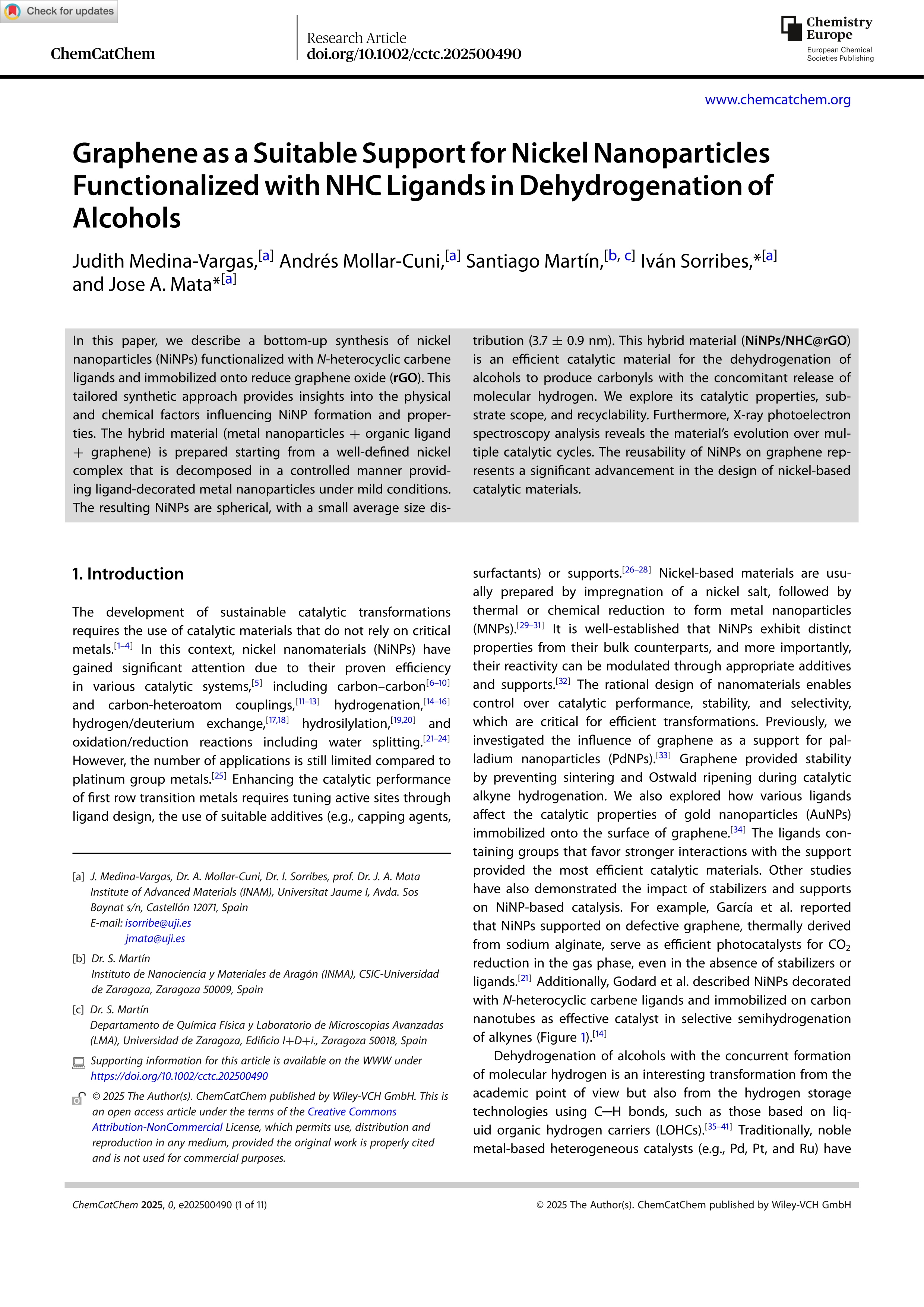 Graphene as a Suitable Support for Nickel Nanoparticles Functionalized with NHC Ligands in Dehydrogenation of Alcohols