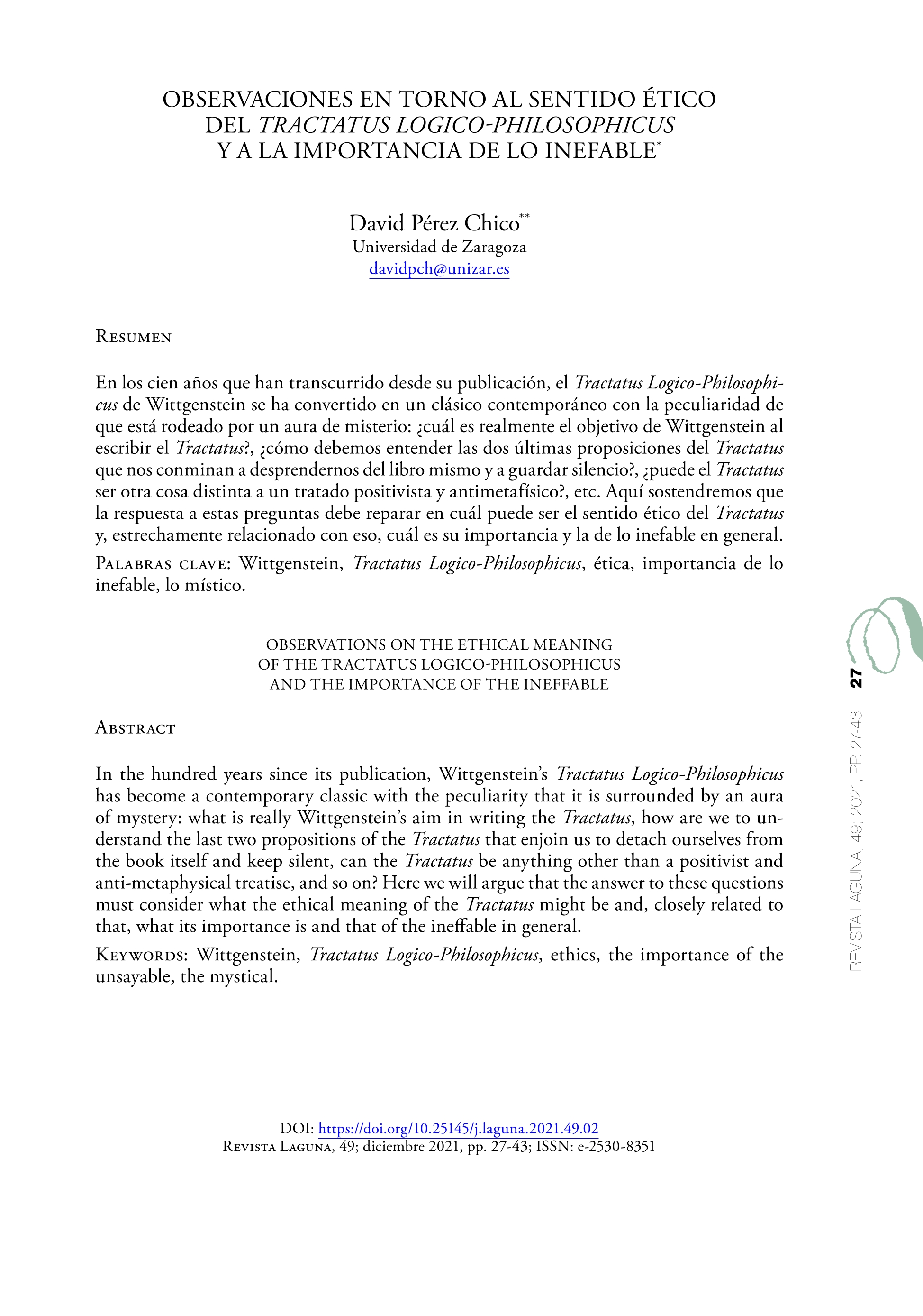 Observaciones en torno al sentido ético del Tractatus Logico-Philosophicus y a la importancia de lo inefable