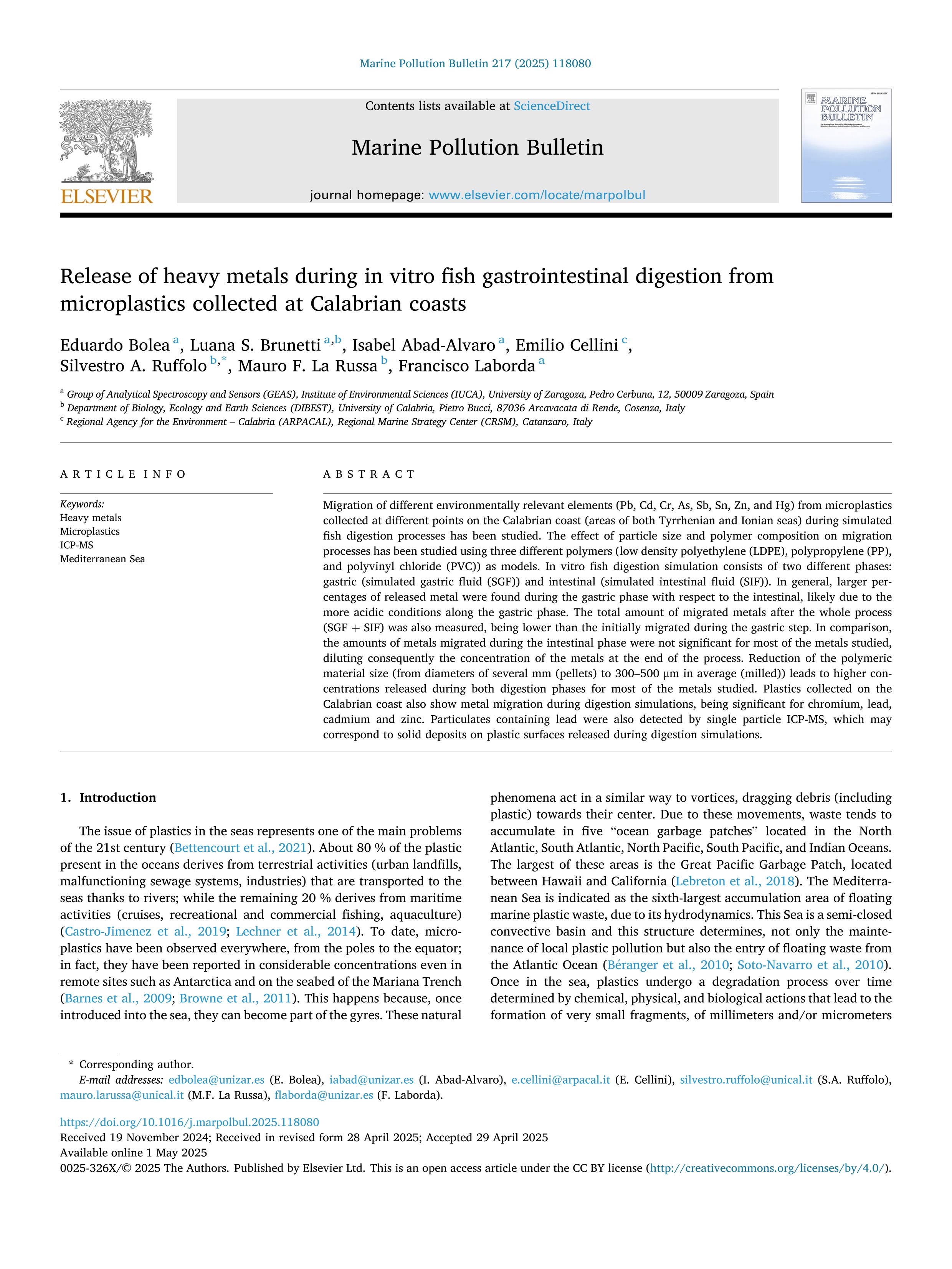 Release of heavy metals during in vitro fish gastrointestinal digestion from microplastics collected at Calabrian coasts