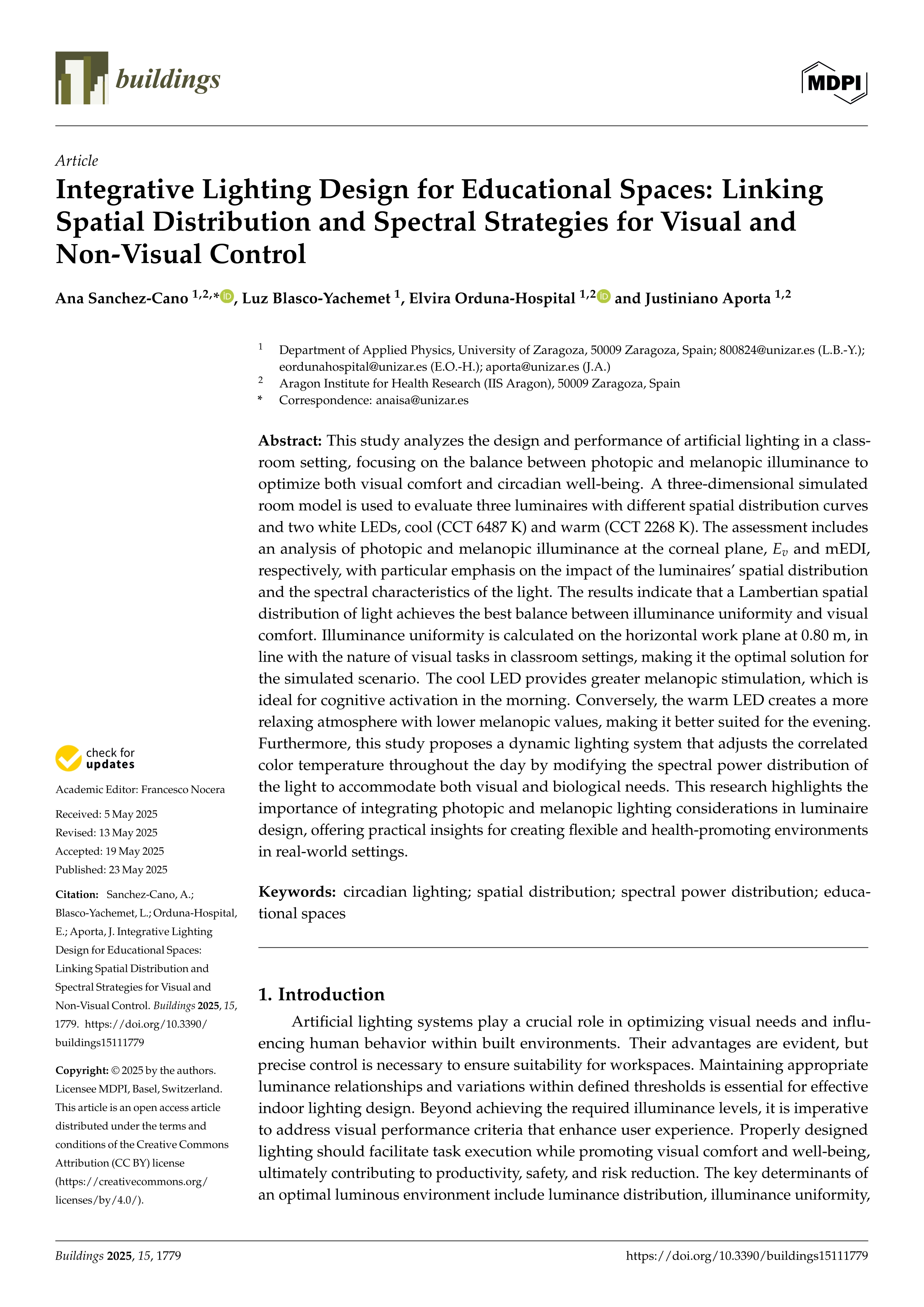 Integrative Lighting Design for Educational Spaces: Linking Spatial Distribution and Spectral Strategies for Visual and Non-Visual Control