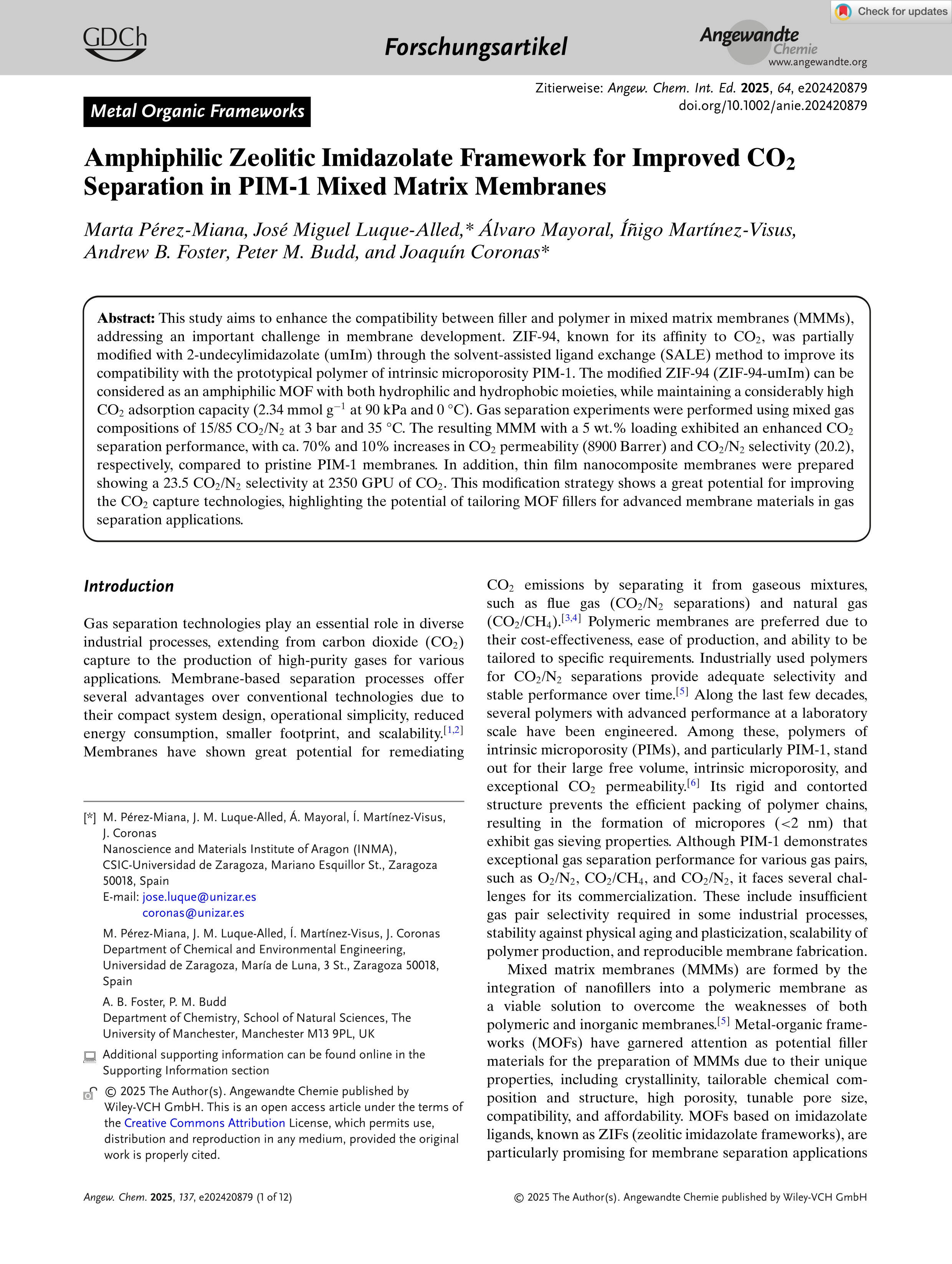 Amphiphilic Zeolitic Imidazolate Framework for Improved CO2 Separation in PIM-1 Mixed Matrix Membranes