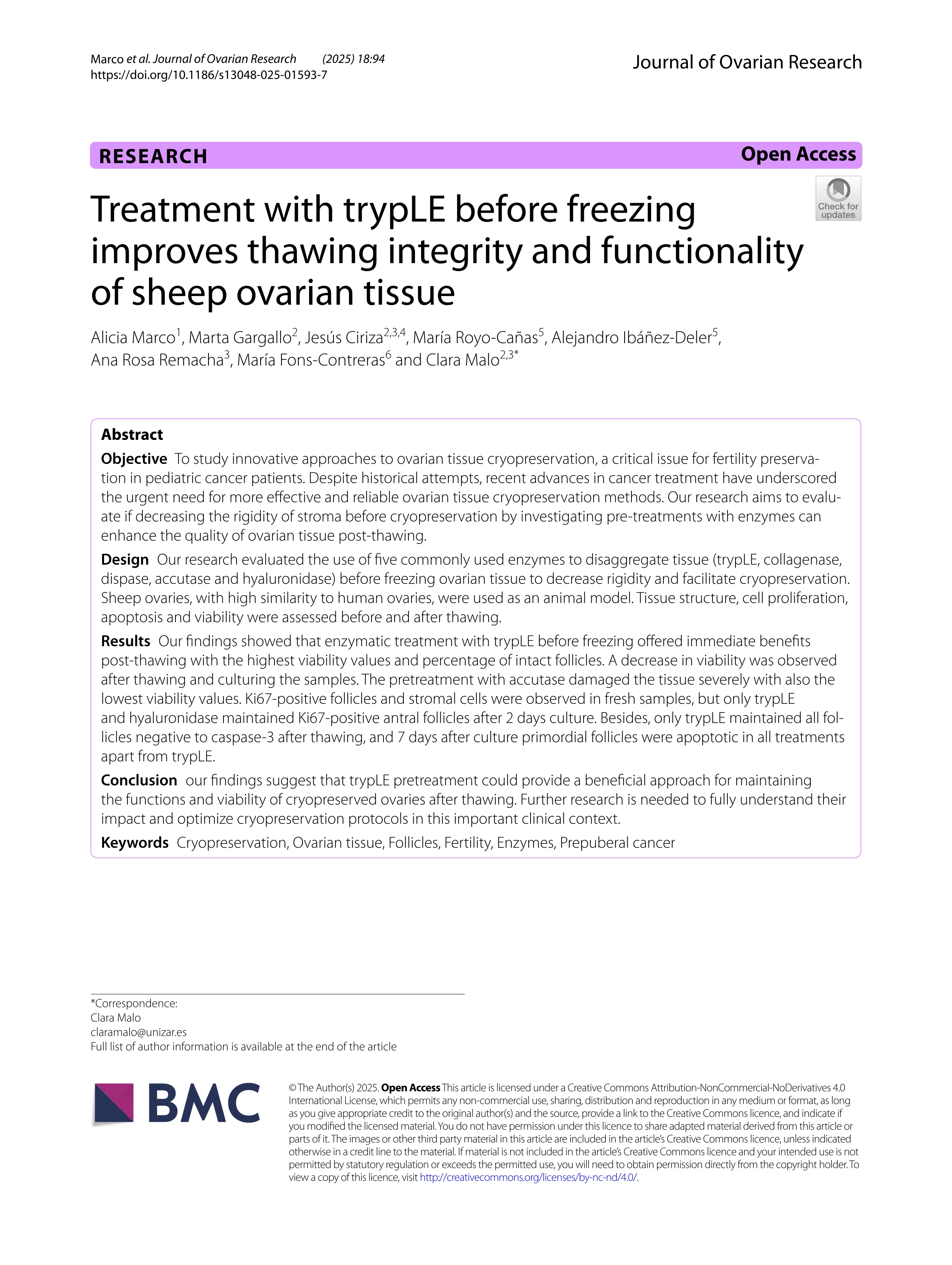 Treatment with trypLE before freezing improves thawing integrity and functionality of sheep ovarian tissue
