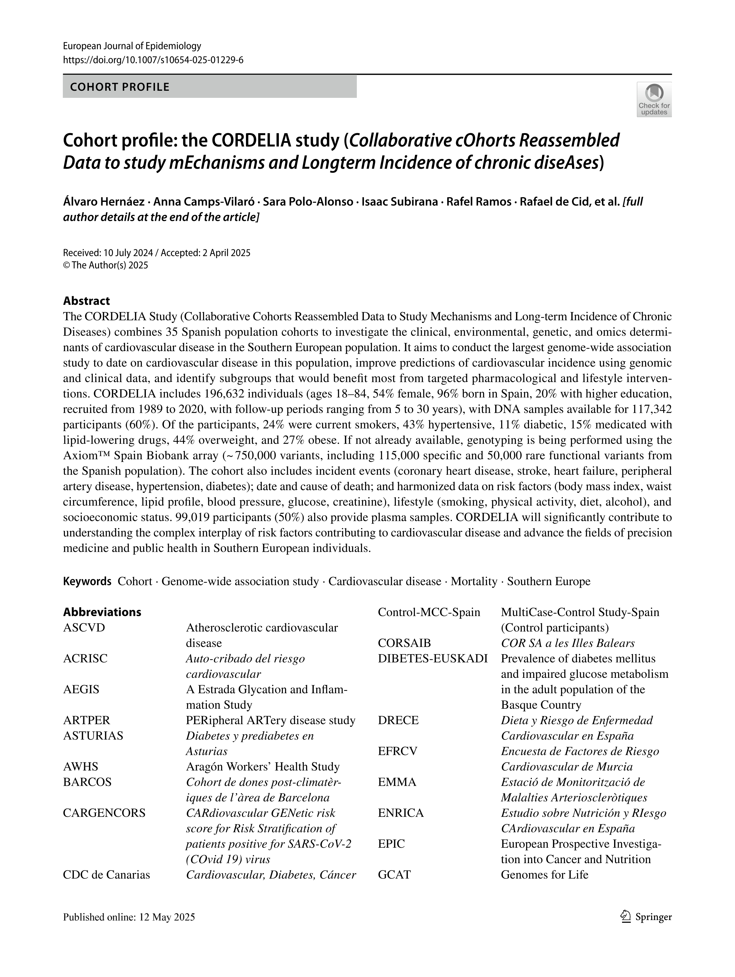 Cohort profile: the CORDELIA study (Collaborative cOhorts Reassembled Data to study mEchanisms and Longterm Incidence of chronic diseAses)