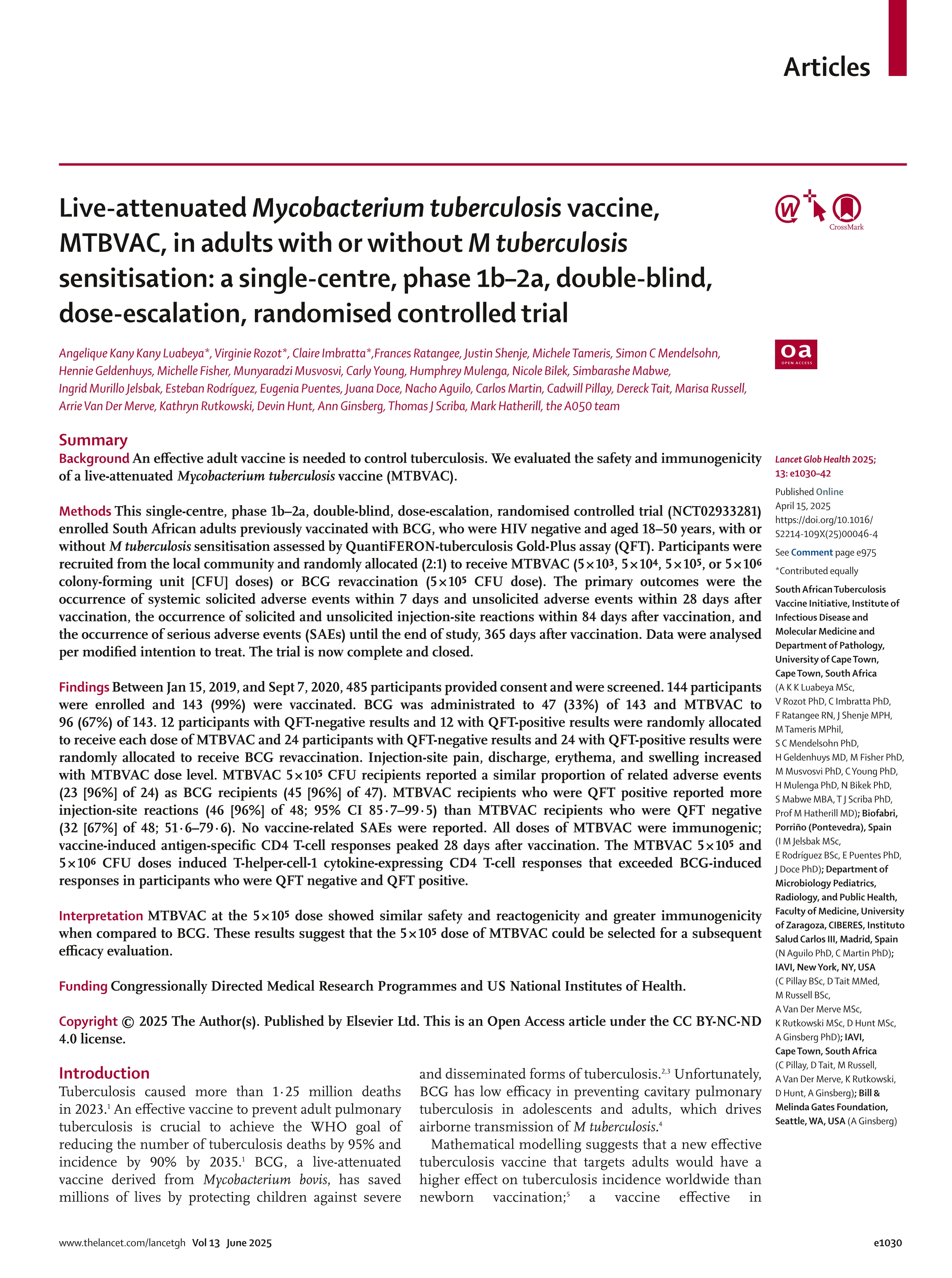 Live-attenuated Mycobacterium tuberculosis vaccine, MTBVAC, in adults with or without M tuberculosis sensitisation: a single-centre, phase 1b–2a, double-blind, dose-escalation, randomised controlled trial