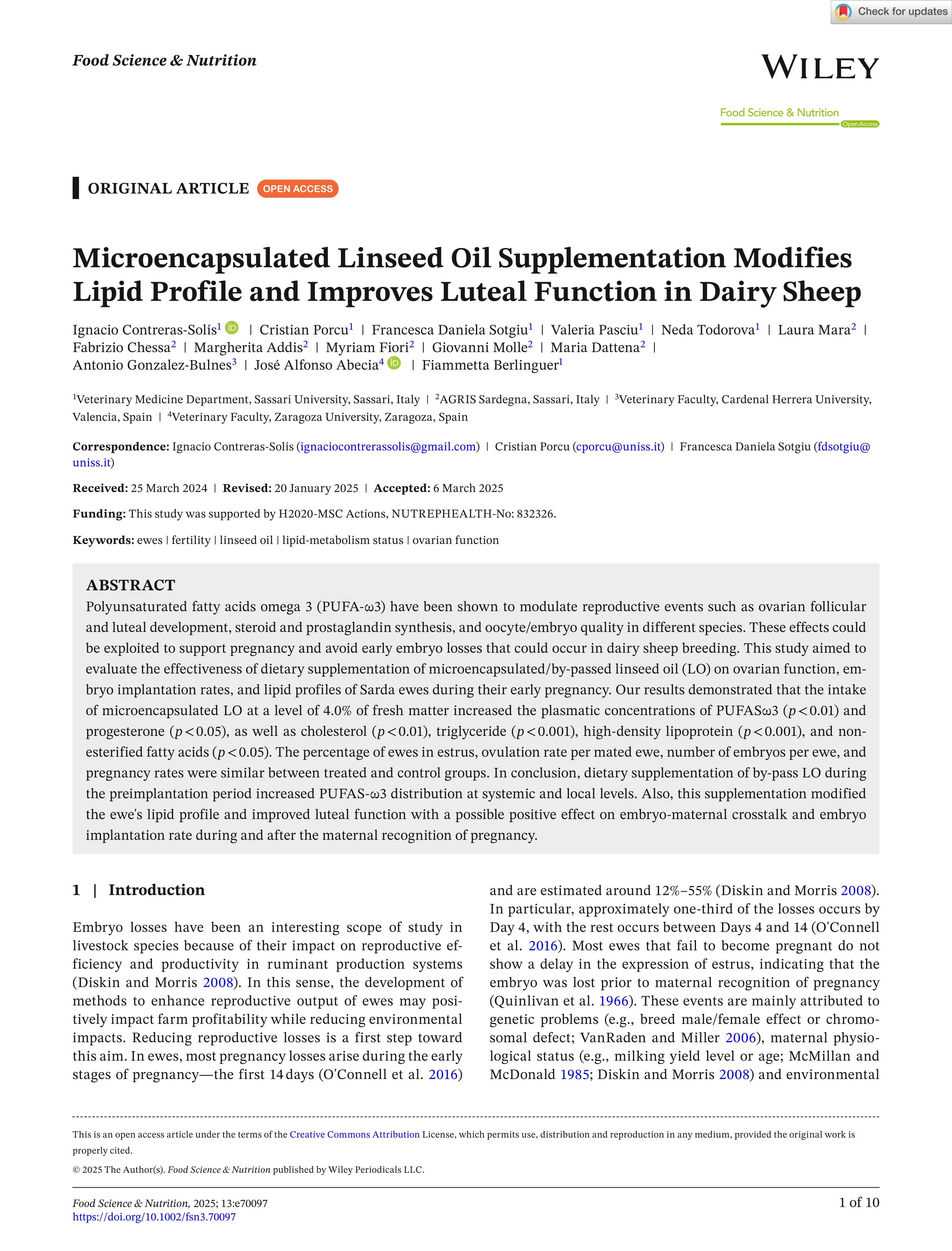 Microencapsulated Linseed Oil Supplementation Modifies Lipid Profile and Improves Luteal Function in Dairy Sheep