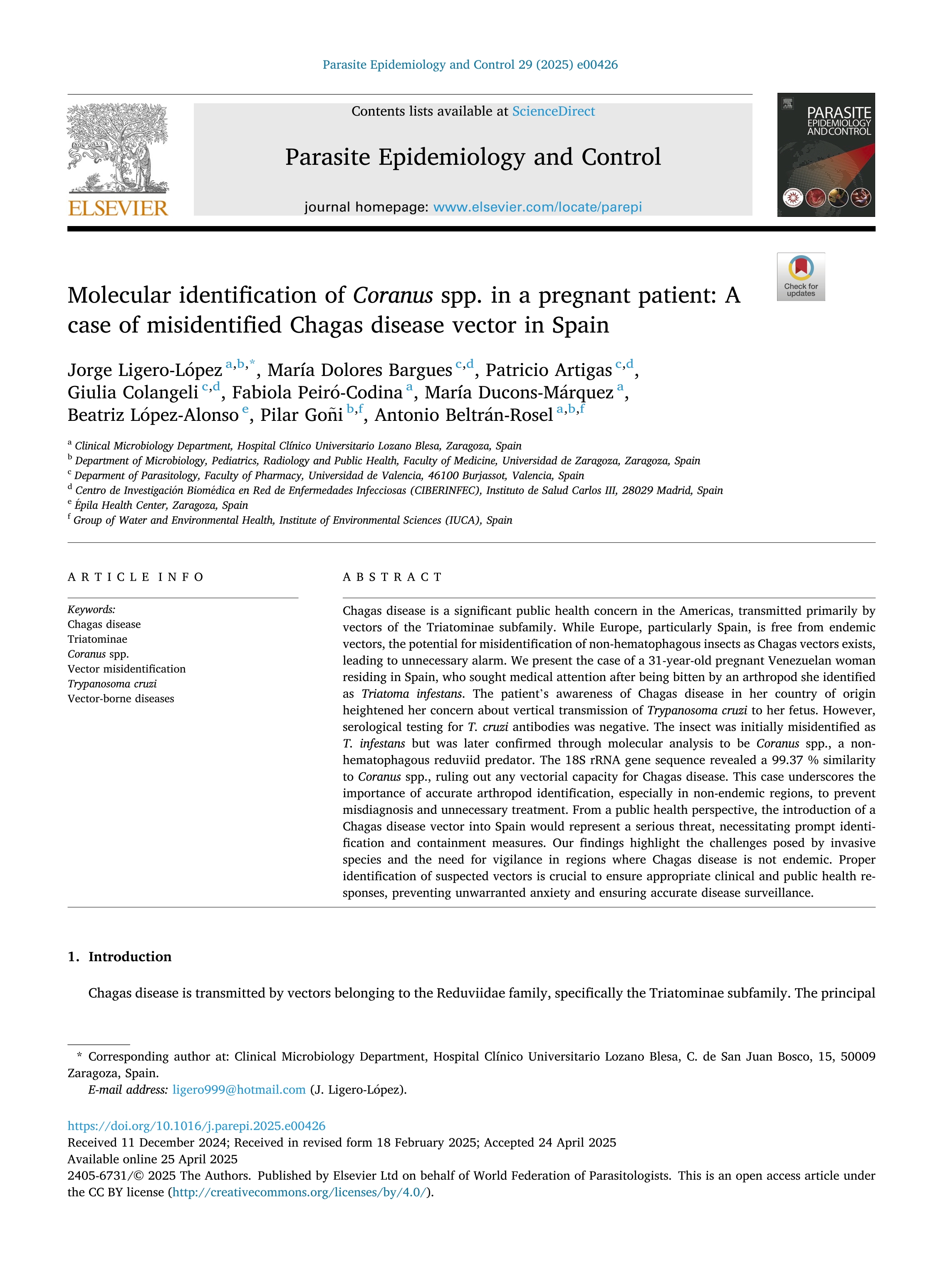 Molecular identification of Coranus spp. in a pregnant patient: A case of misidentified Chagas disease vector in Spain
