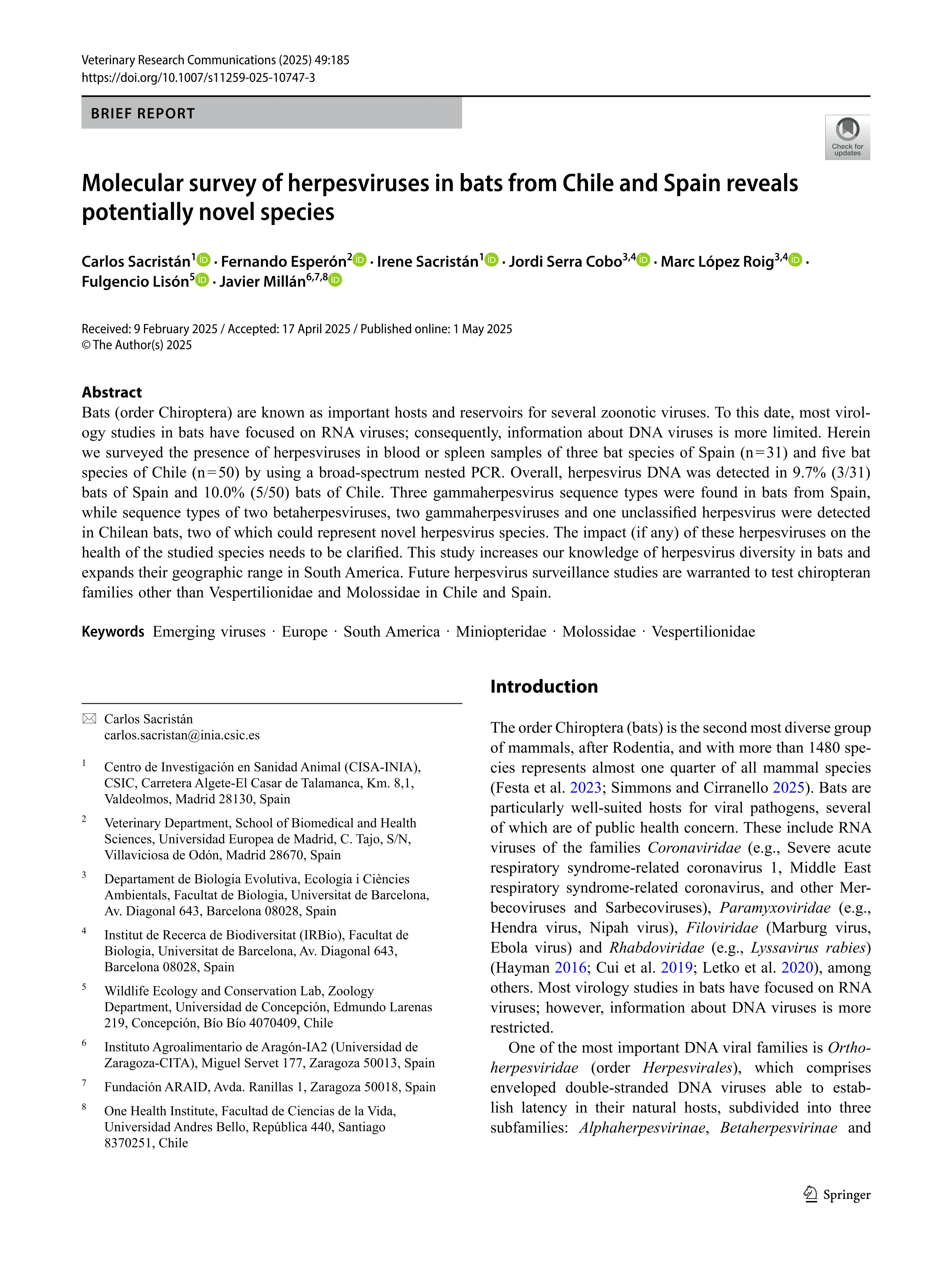 Molecular survey of herpesviruses in bats from Chile and Spain reveals potentially novel species