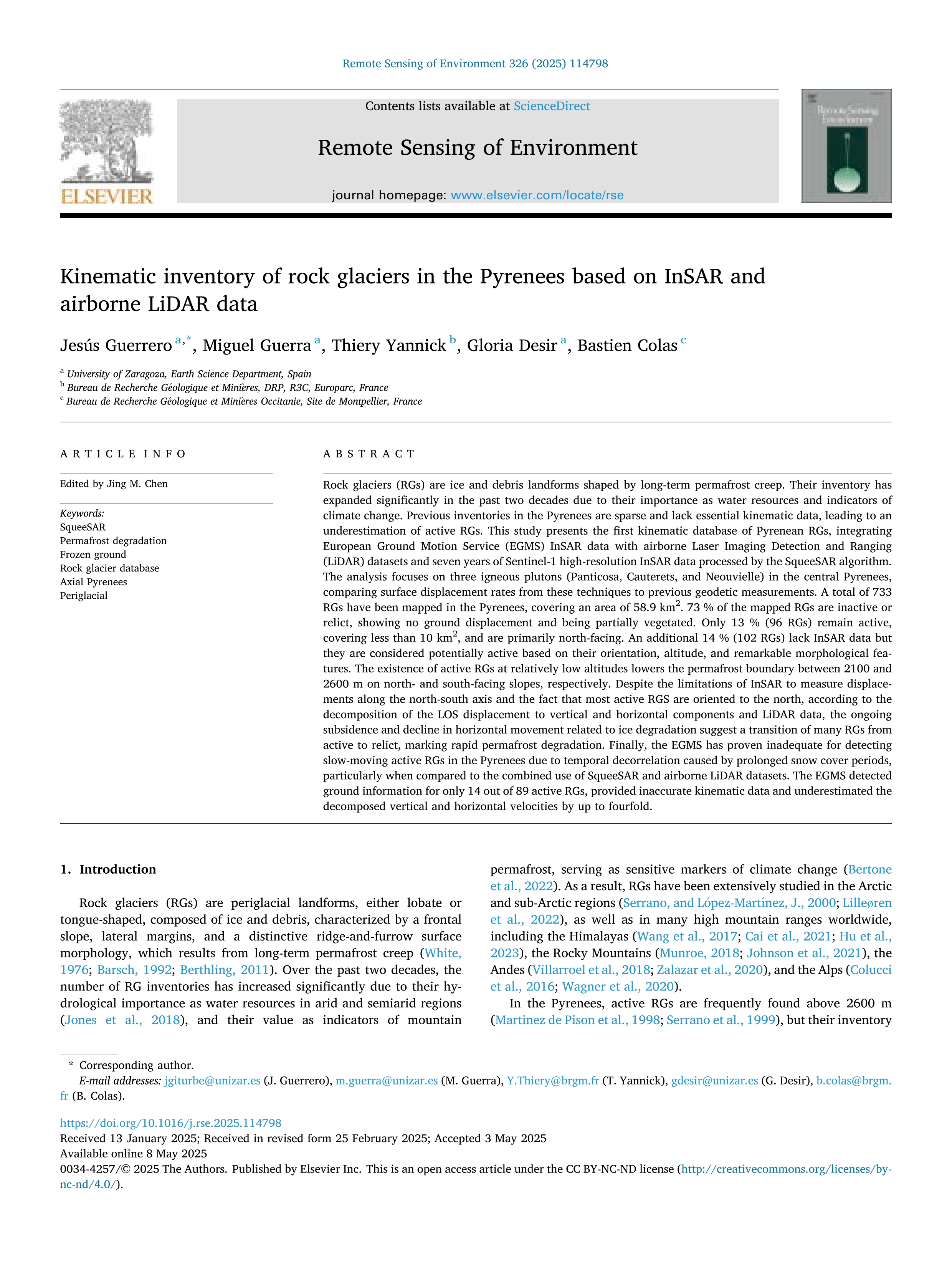 Kinematic inventory of rock glaciers in the Pyrenees based on InSAR and airborne LiDAR data