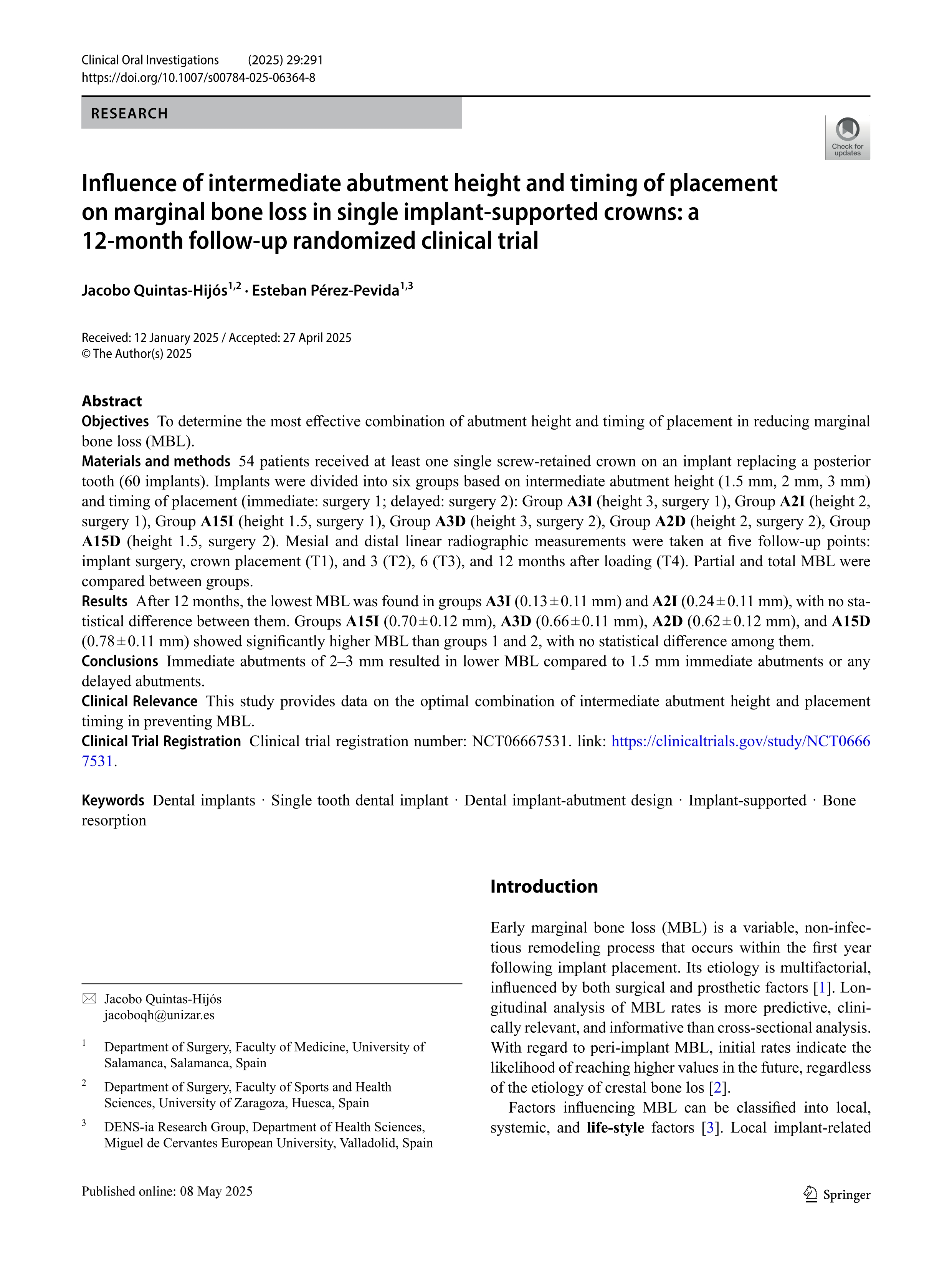 Influence of intermediate abutment height and timing of placement on marginal bone loss in single implant-supported crowns: a 12-month follow-up randomized clinical trial