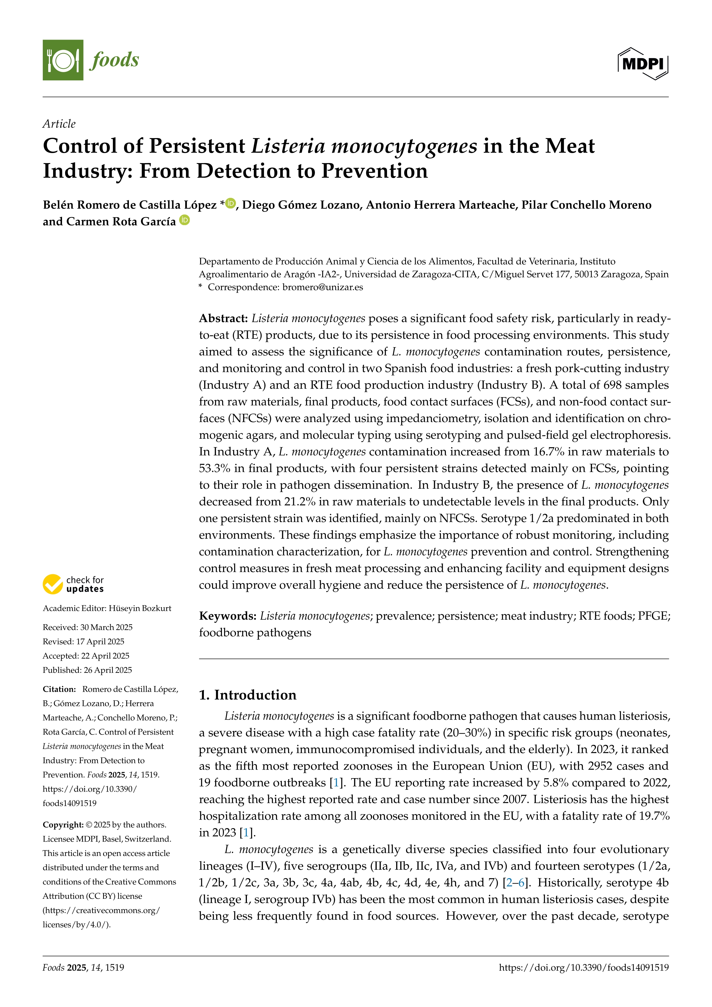Control of Persistent Listeria monocytogenes in the Meat Industry: From Detection to Prevention