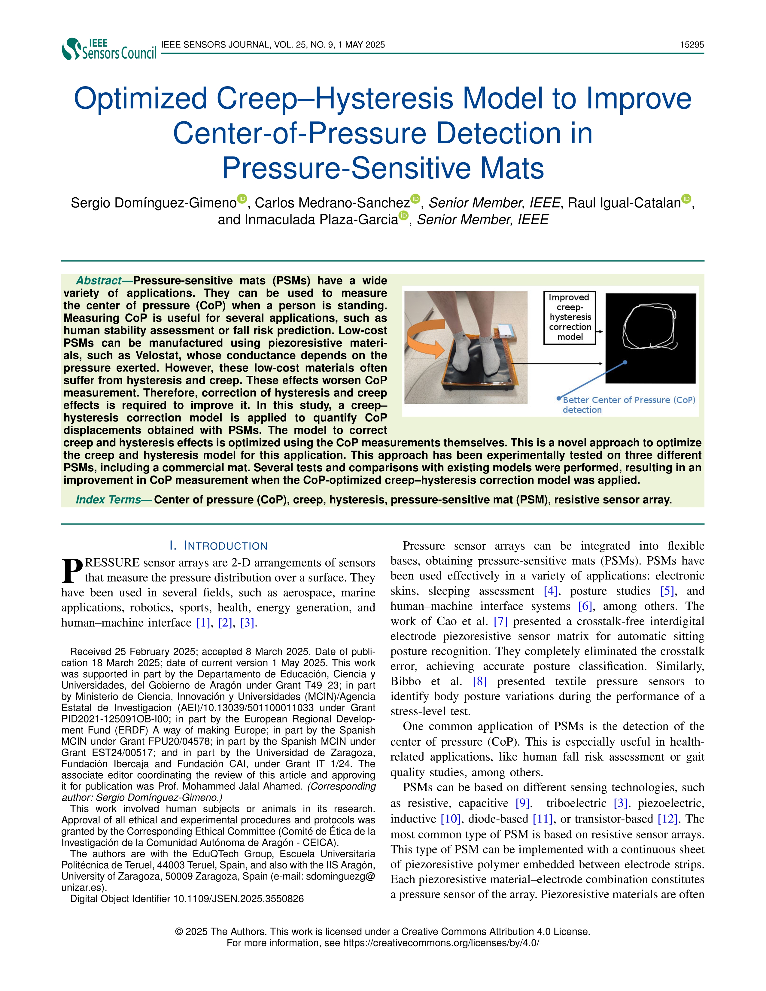 Optimized Creep-Hysteresis Model to Improve Center-of-Pressure Detection in Pressure-Sensitive Mats