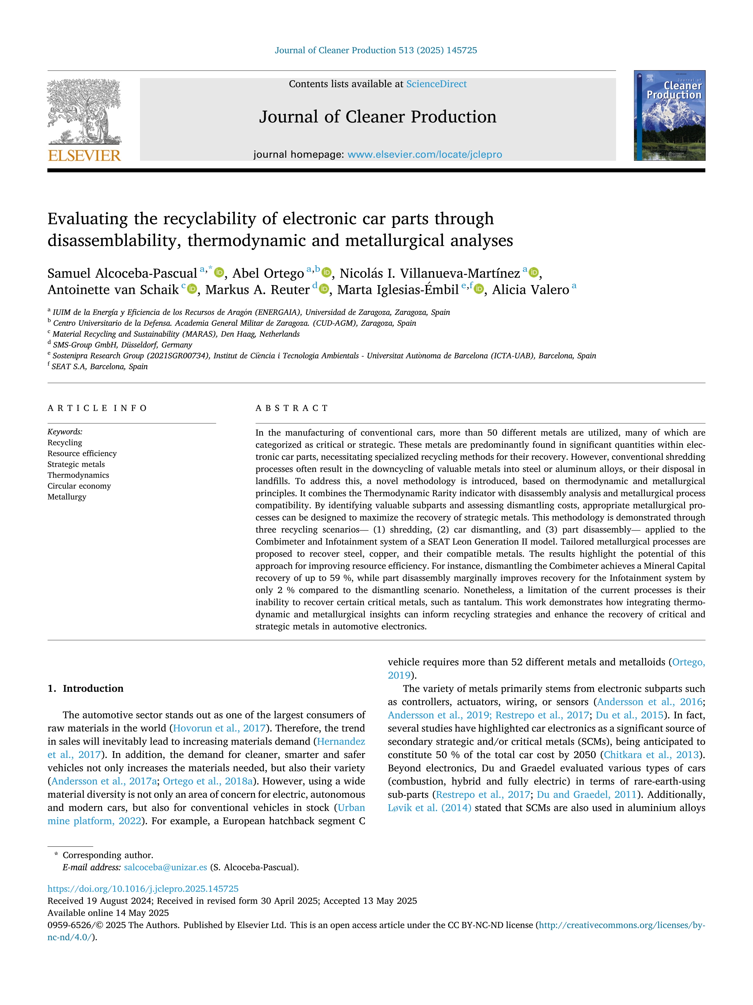 Evaluating the recyclability of electronic car parts through disassemblability, thermodynamic and metallurgical analyses