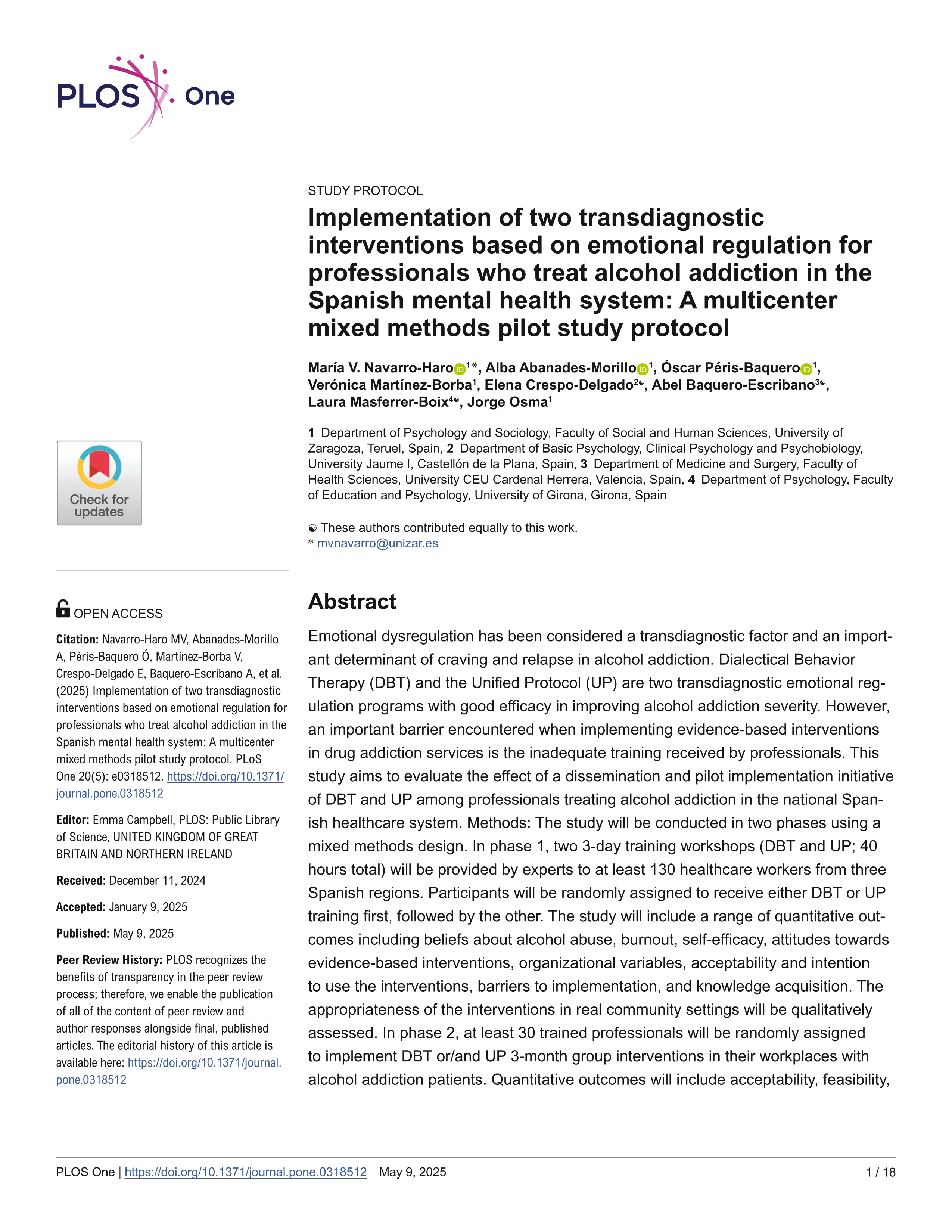 Implementation of two transdiagnostic interventions based on emotional regulation for professionals who treat alcohol addiction in the Spanish mental health system: A multicenter mixed methods pilot study protocol