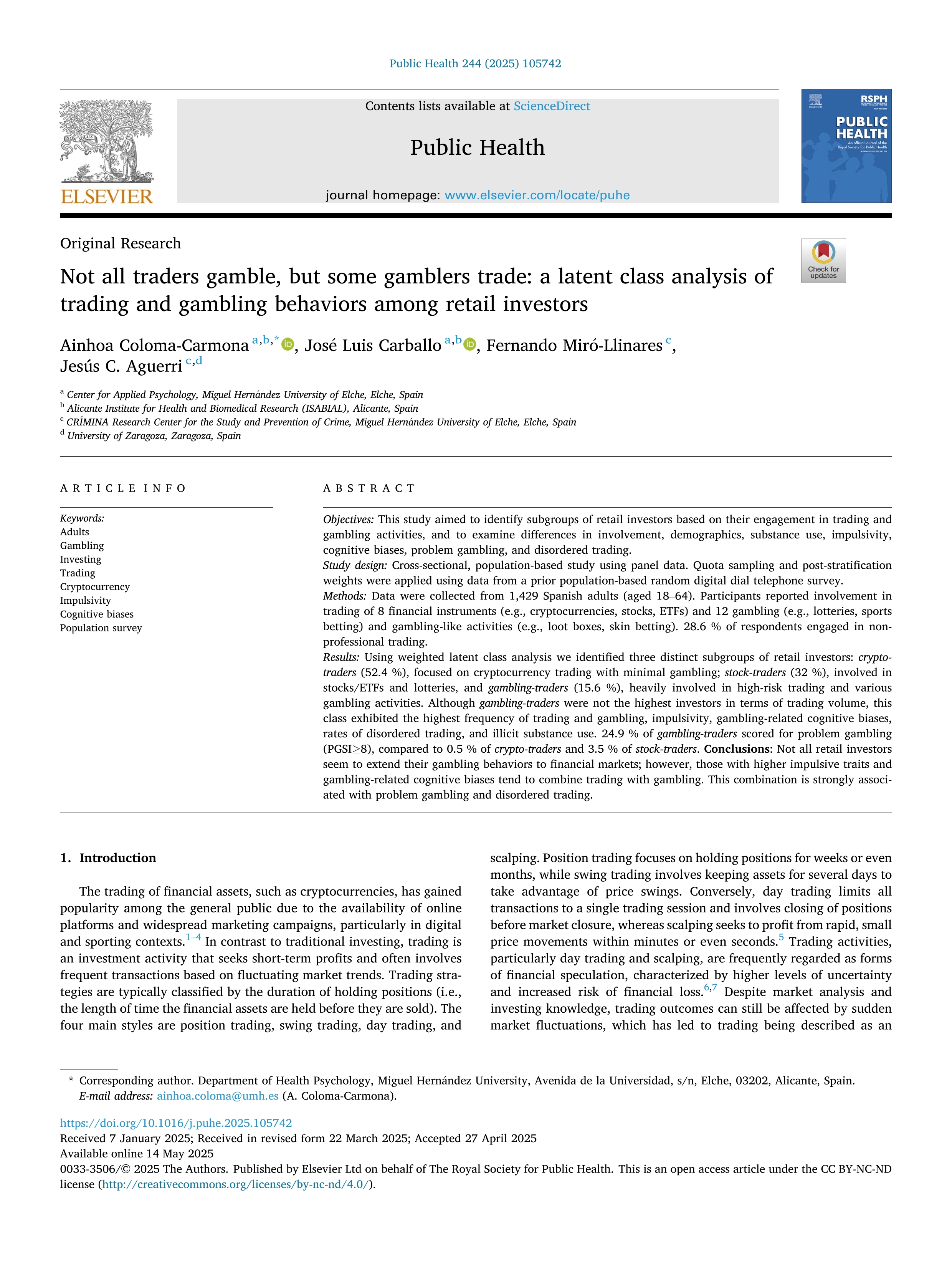 Not all traders gamble, but some gamblers trade: a latent class analysis of trading and gambling behaviors among retail investors