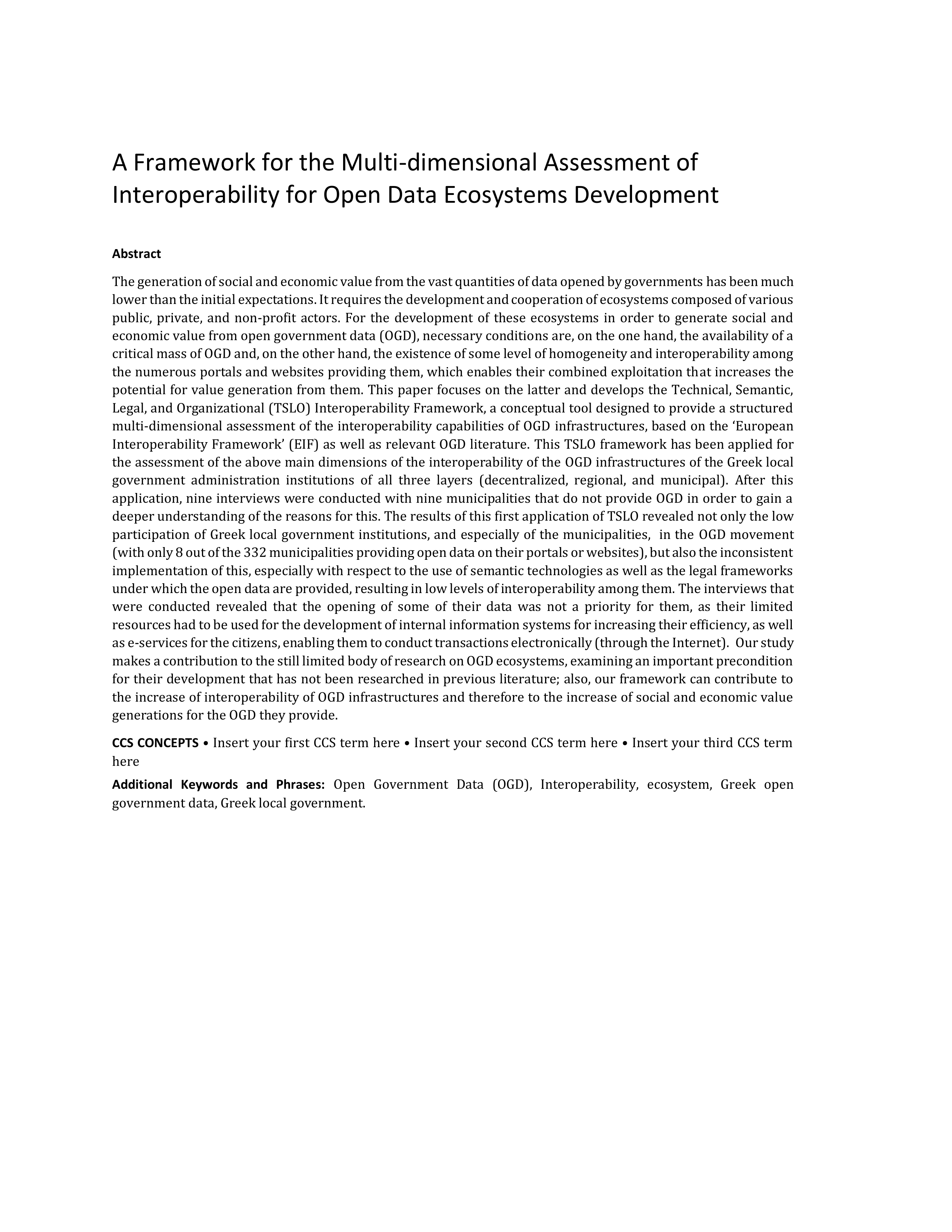 A Framework for the Multi-Dimensional Assessment of Interoperability for Open Data Ecosystems Development