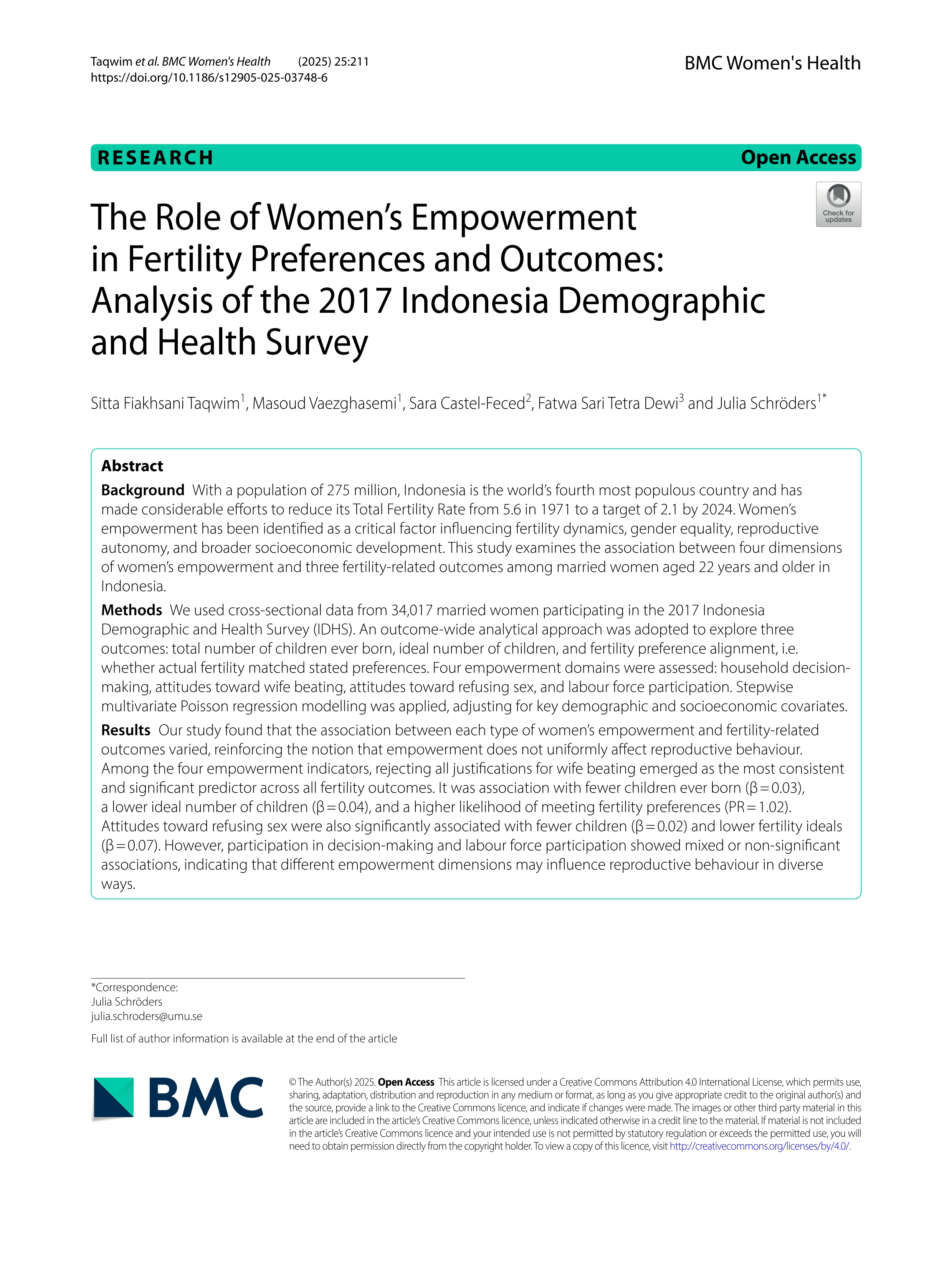 The role of women’s empowerment in fertility preferences and outcomes: analysis of the 2017 Indonesia demographic and health survey