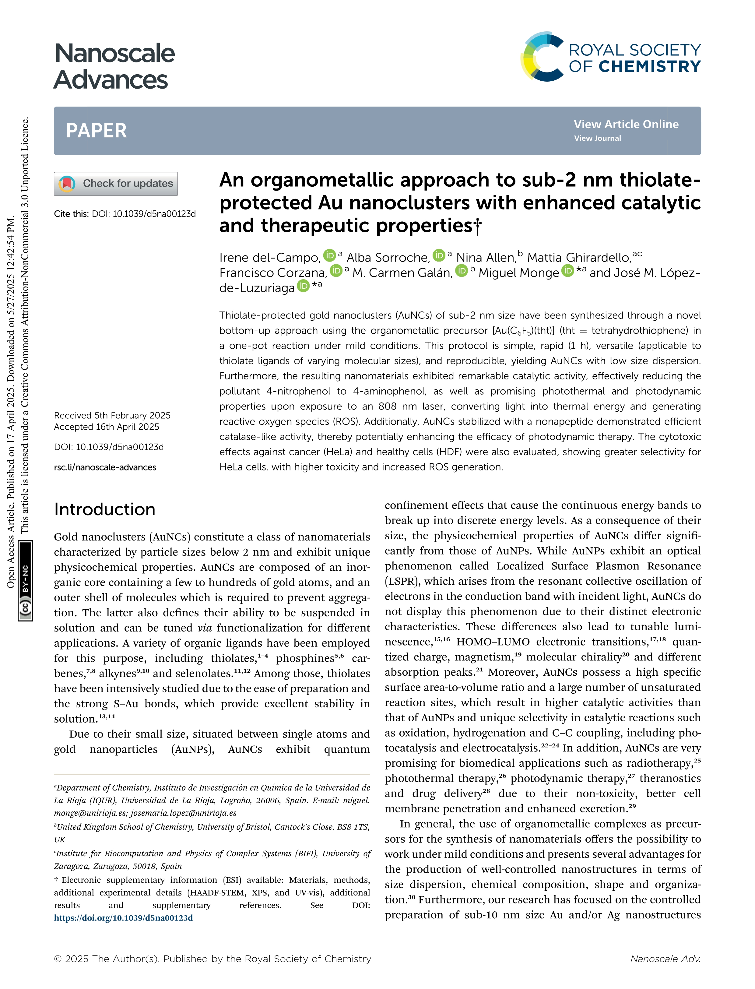 An organometallic approach to sub-2 nm thiolate-protected Au nanoclusters with enhanced catalytic and therapeutic properties