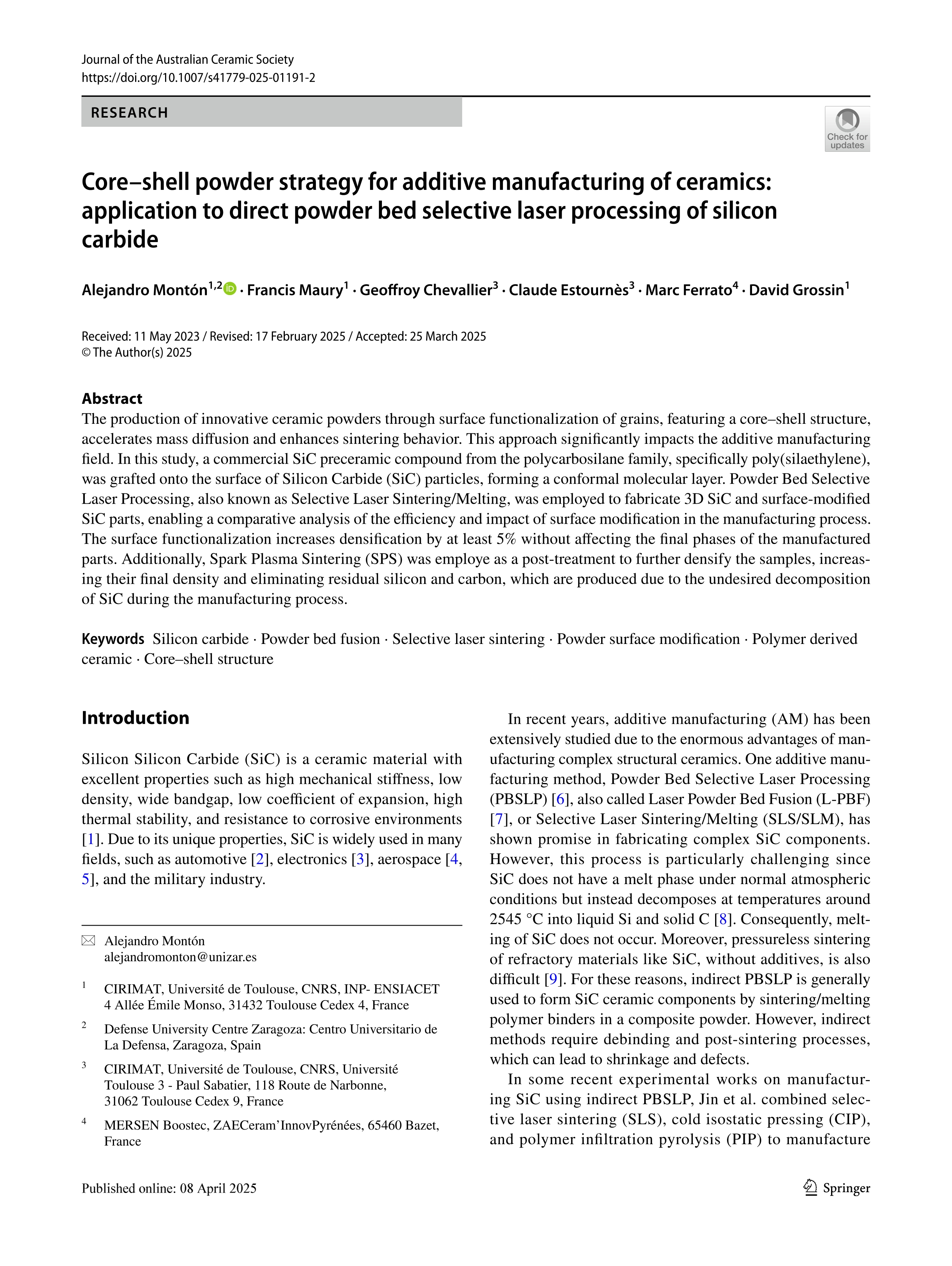 Core–shell powder strategy for additive manufacturing of ceramics: application to direct powder bed selective laser processing of silicon carbide