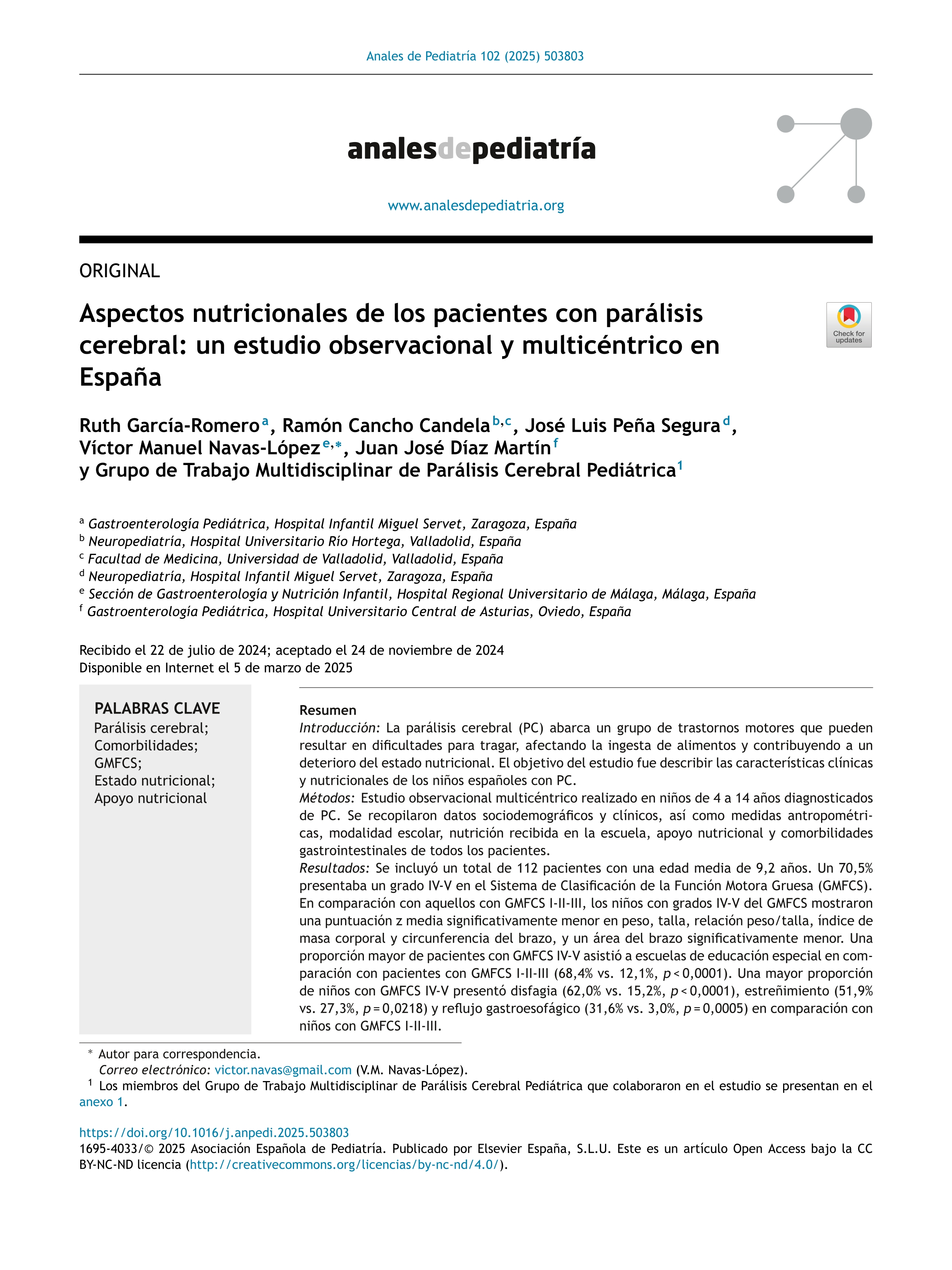 Aspectos nutricionales de los pacientes con parálisis cerebral: un estudio observacional y multicéntrico en España