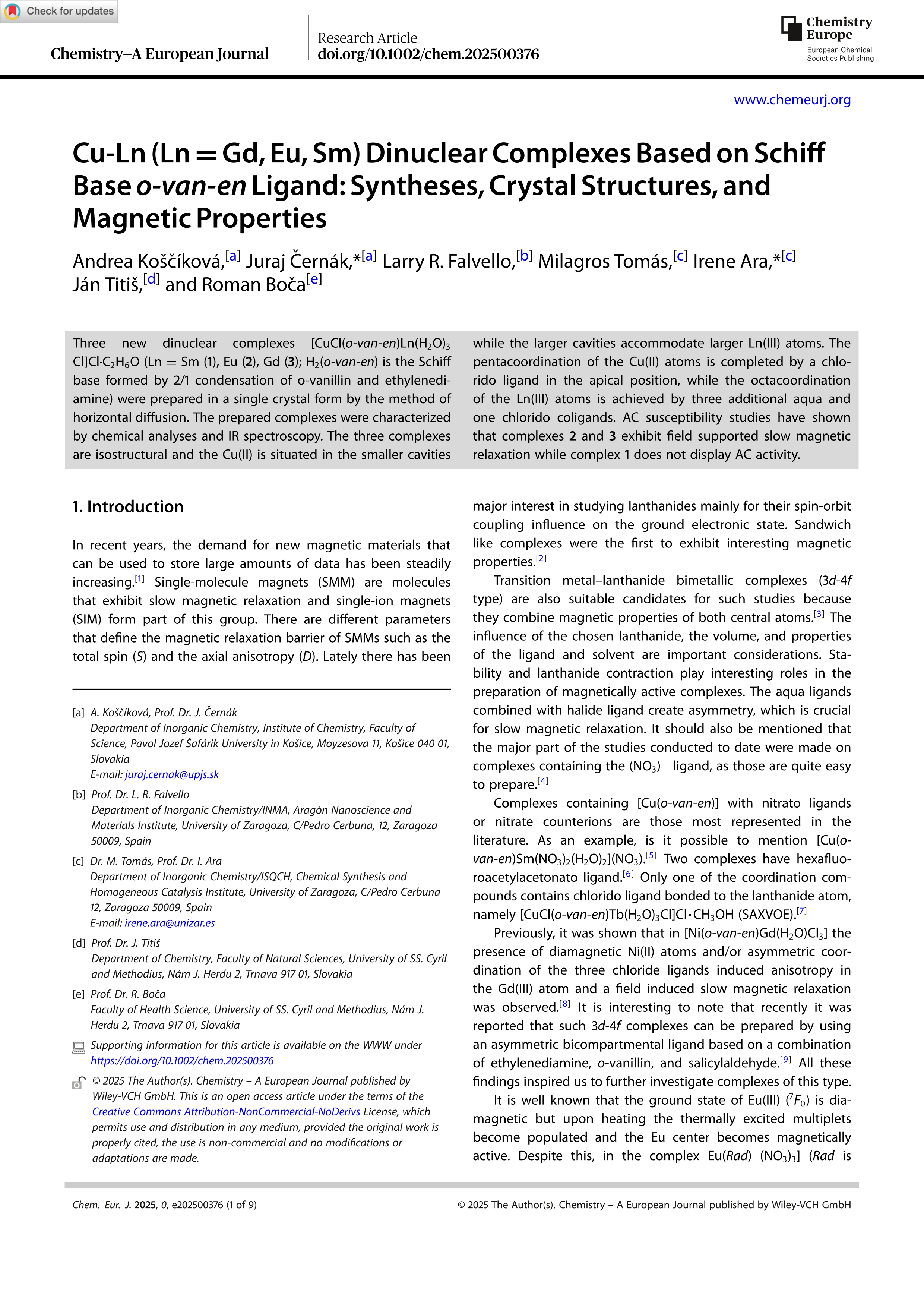 Cu‐Ln (Ln = Gd, Eu, Sm) Dinuclear Complexes Based on Schiff Base <i>o‐van‐en</i> Ligand: Syntheses, Crystal Structures, and Magnetic Properties