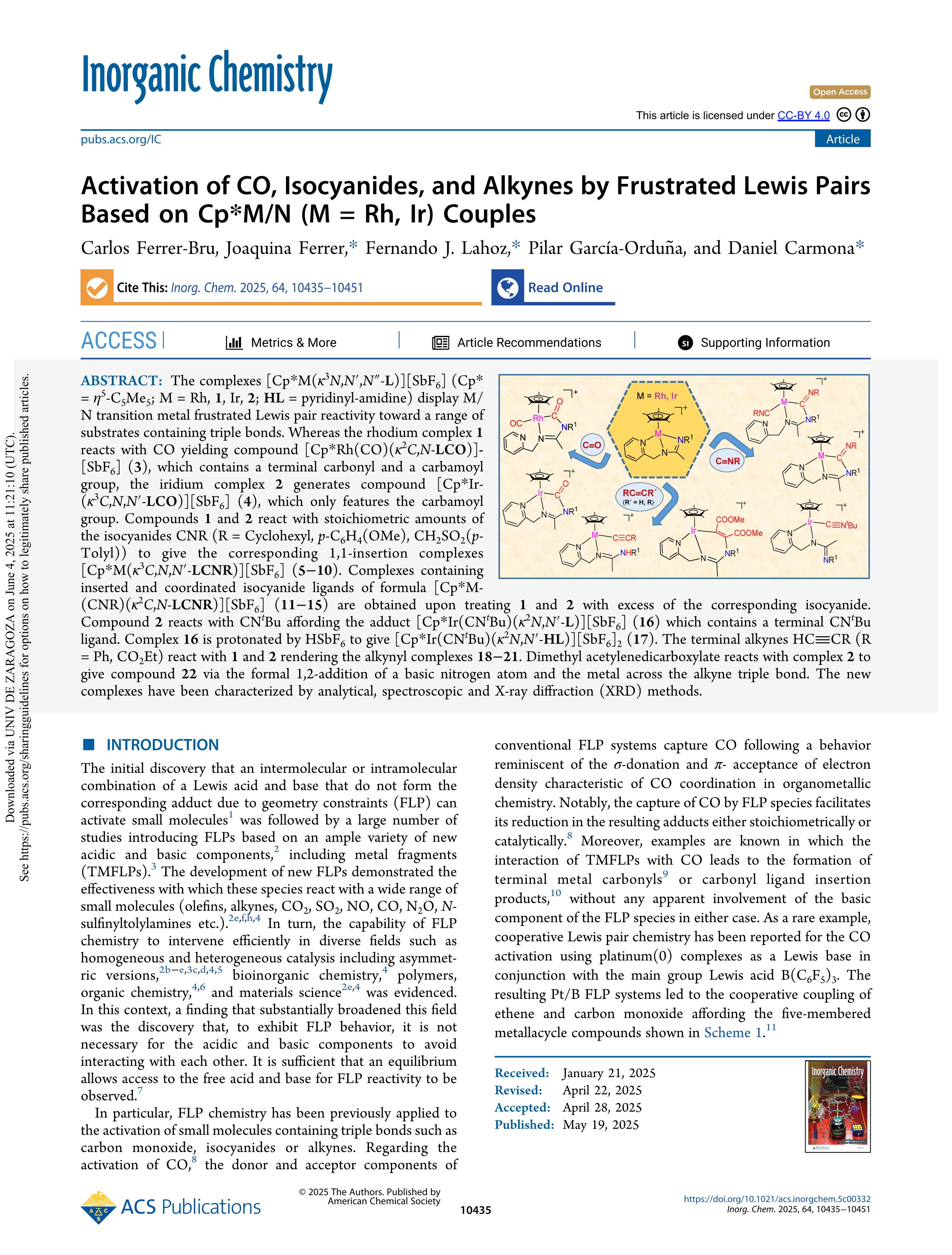 Activation of CO, Isocyanides, and Alkynes by frustrated Lewis Pairs based on Cp*M/N (M = Rh, Ir) Couples