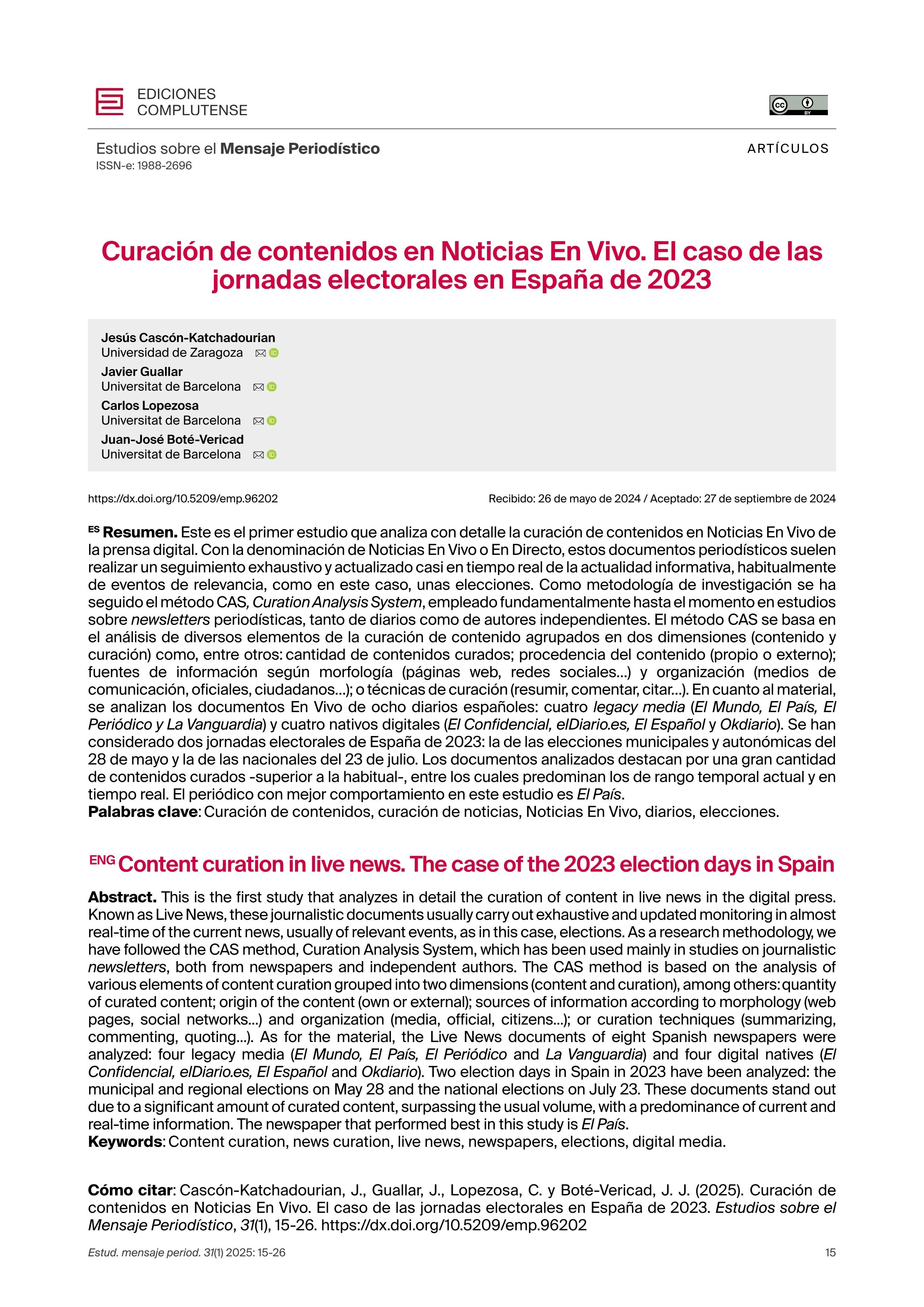 Curación de contenidos en noticias en vivo. El caso de las jornadas electorales en España de 2023