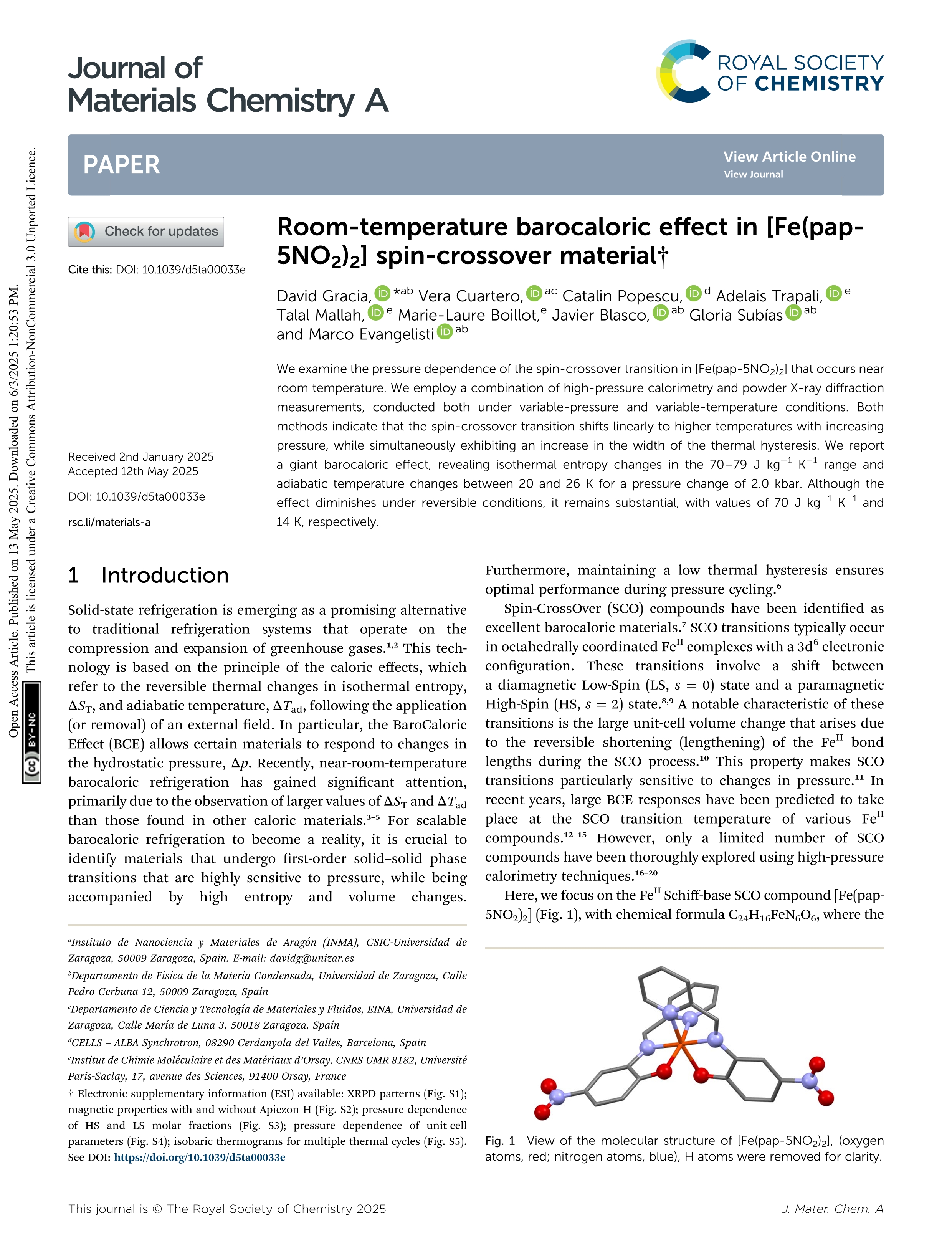 Room-temperature barocaloric effect in [Fe(pap-5NO<sub>2</sub>)<sub>2</sub>] spin-crossover material