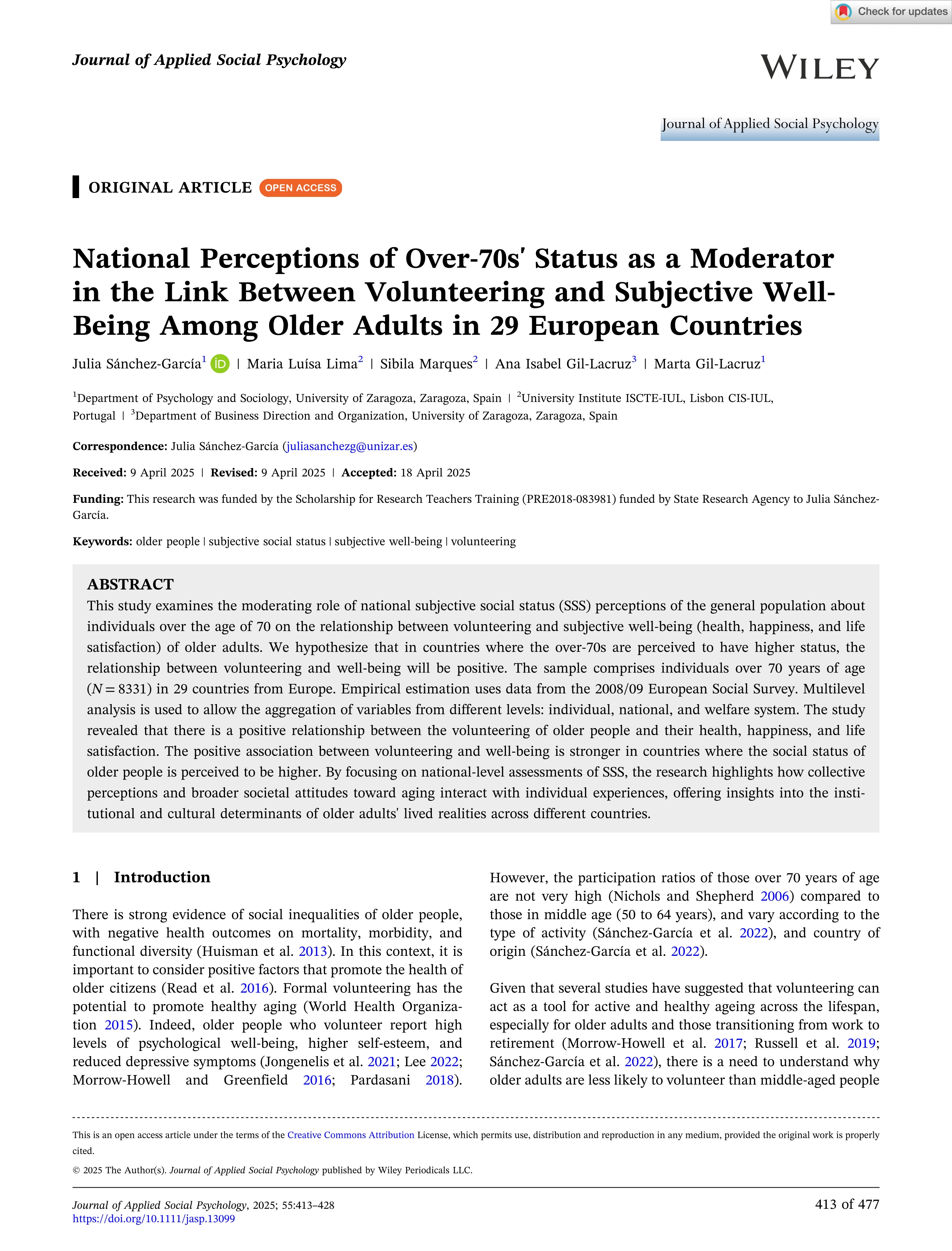 National Perceptions of Over‐70s' Status as a Moderator in the Link Between Volunteering and Subjective Well‐Being Among Older Adults in 29 European Countries
