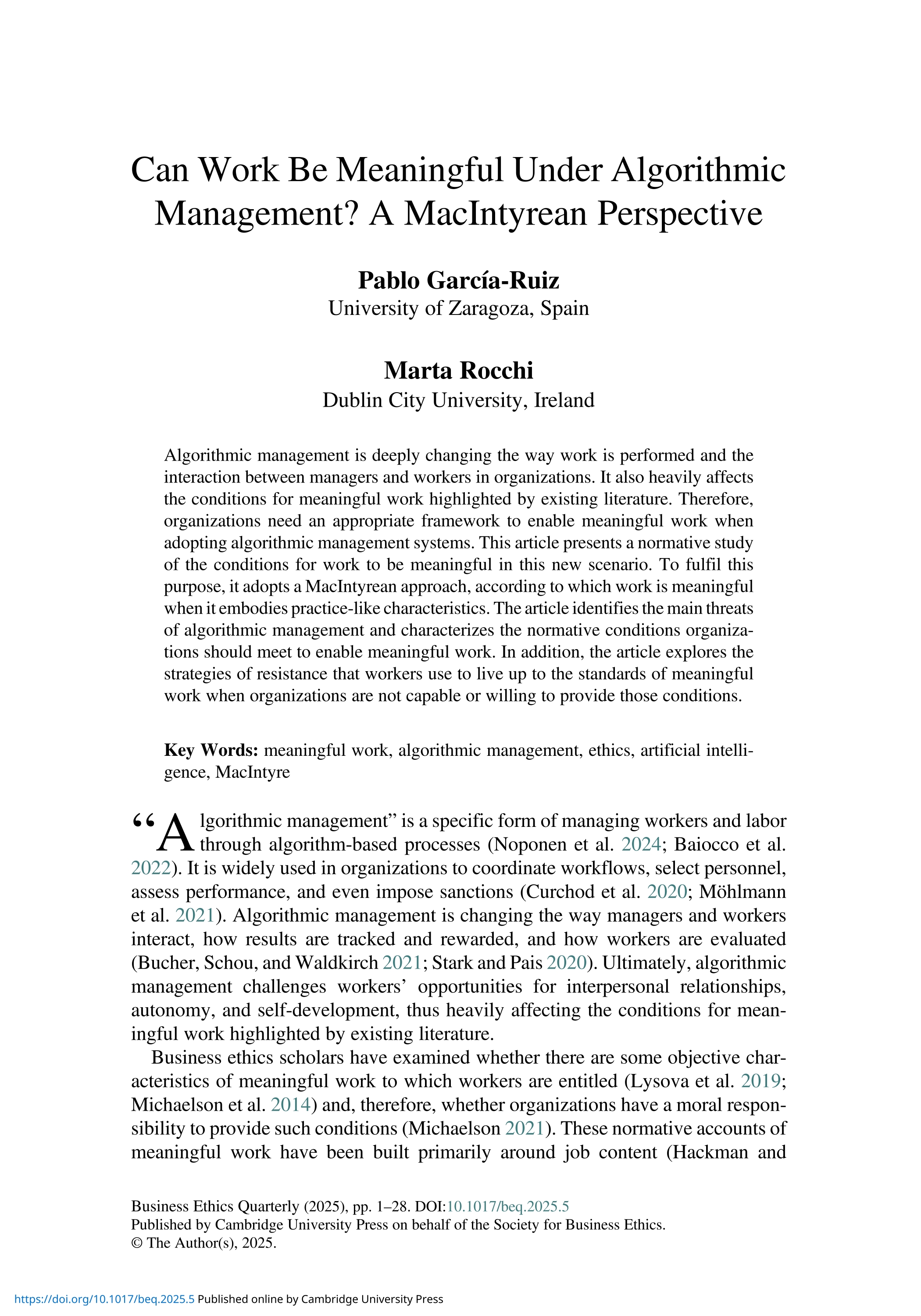 Can Work Be Meaningful Under Algorithmic Management? A MacIntyrean Perspective
