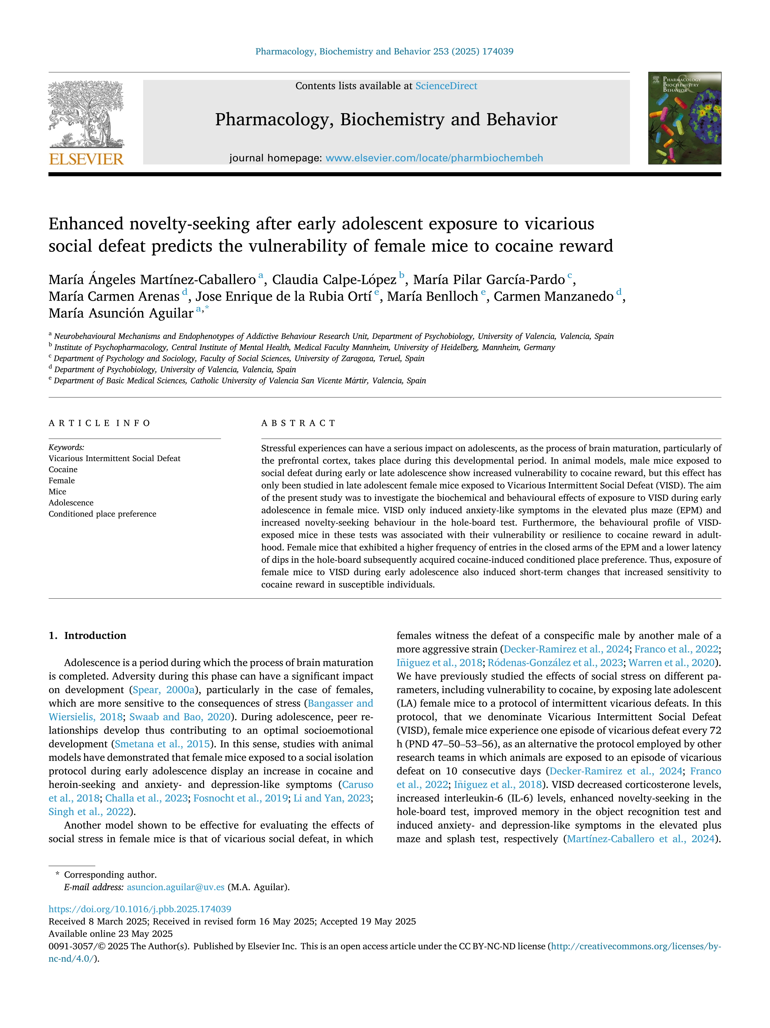 Enhanced novelty-seeking after early adolescent exposure to vicarious social defeat predicts the vulnerability of female mice to cocaine reward
