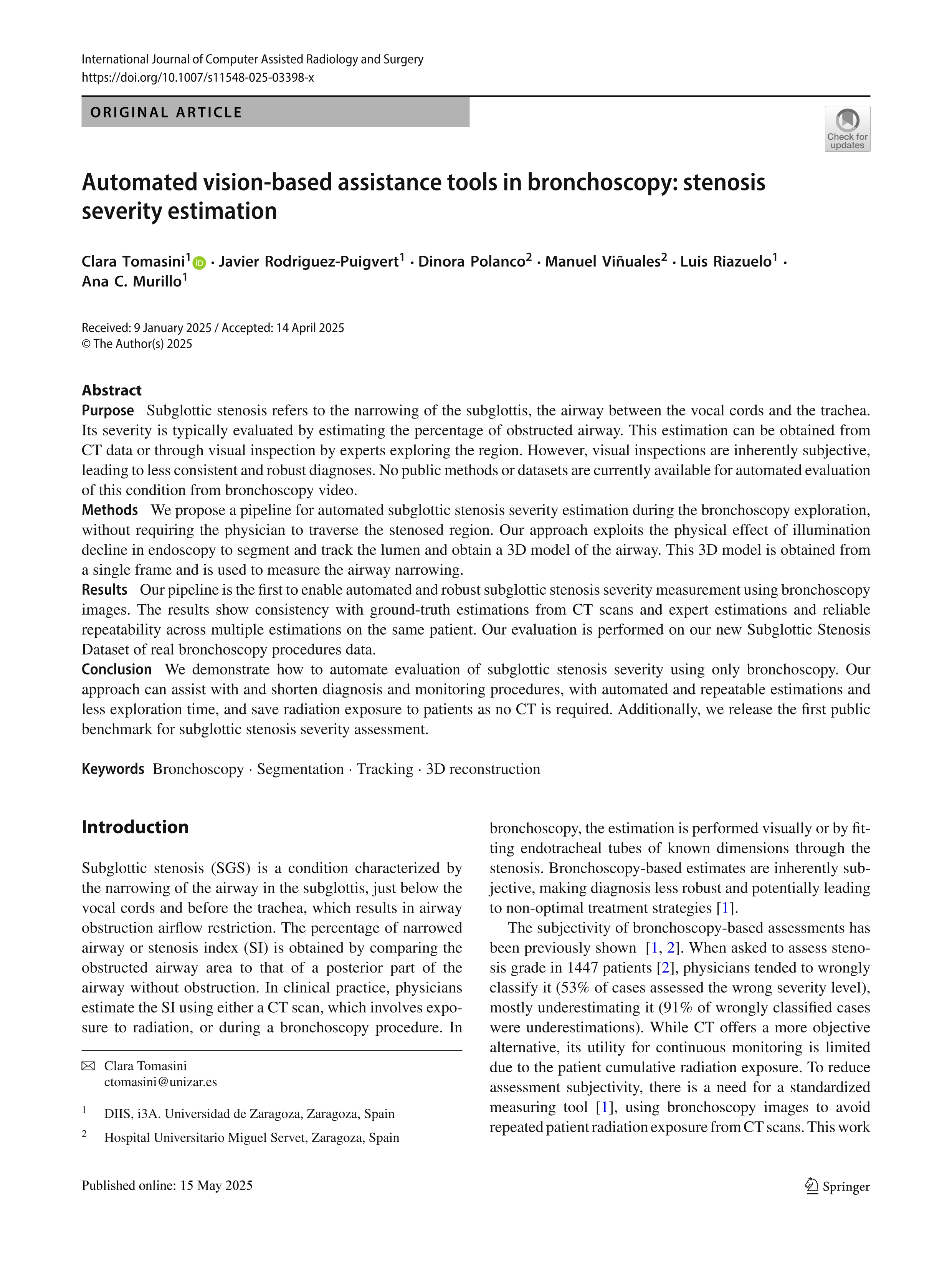 Automated vision-based assistance tools in bronchoscopy: stenosis severity estimation