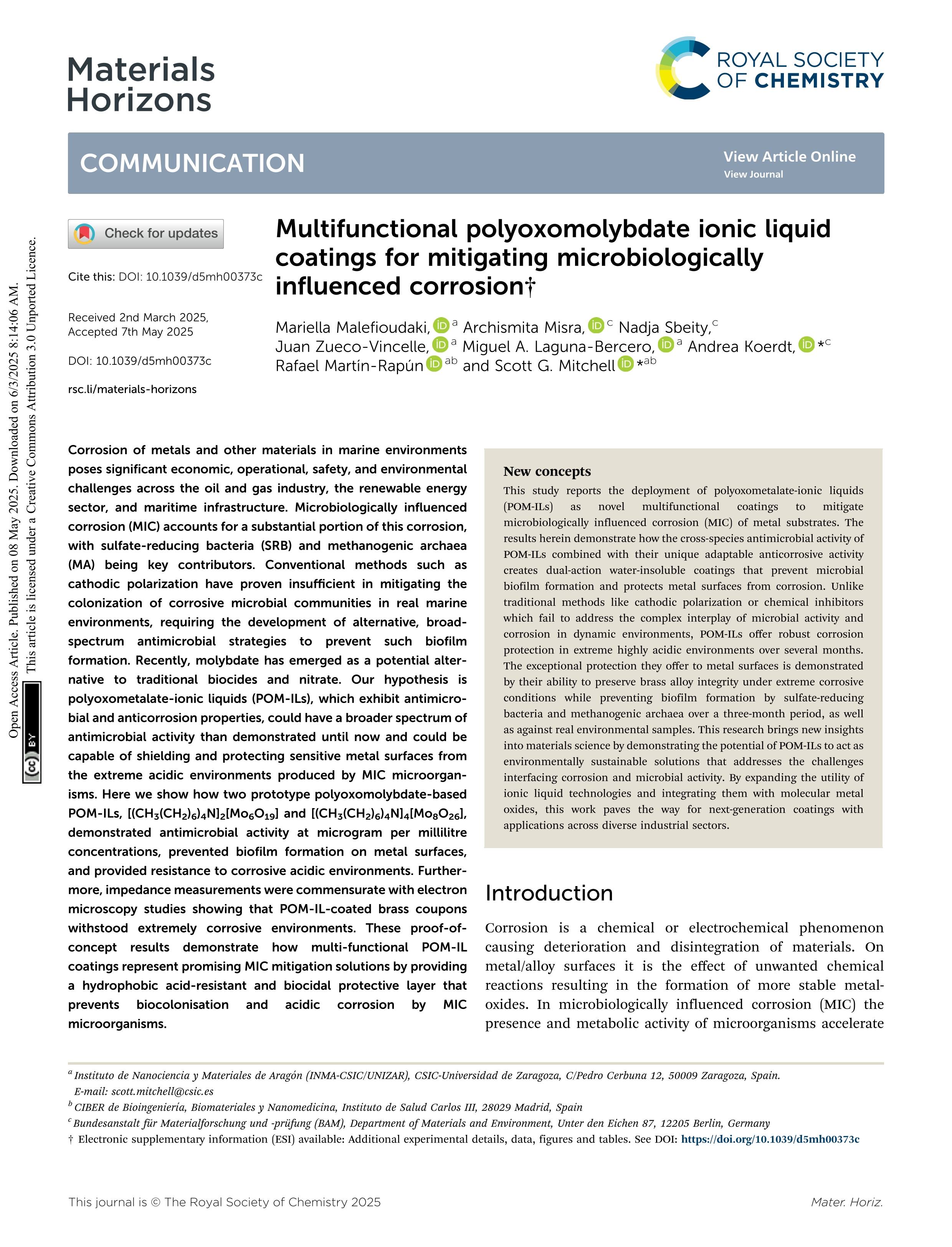 Multifunctional polyoxomolybdate ionic liquid coatings for mitigating microbiologically influenced corrosion