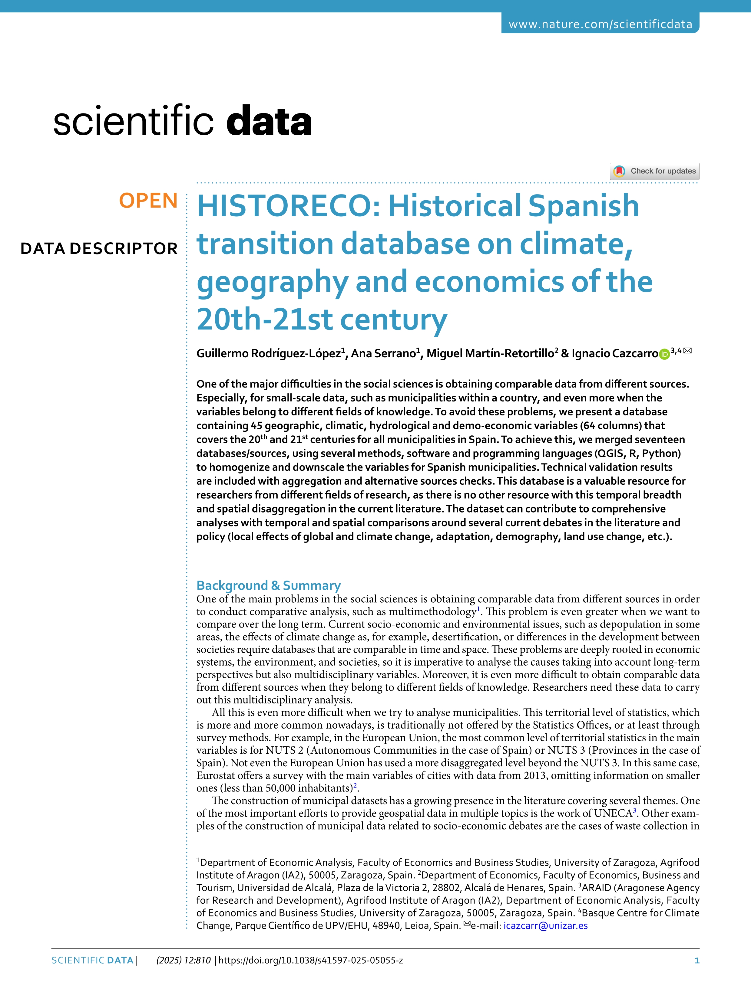 HISTORECO: Historical Spanish transition database on climate, geography and economics of the 20th-21st century