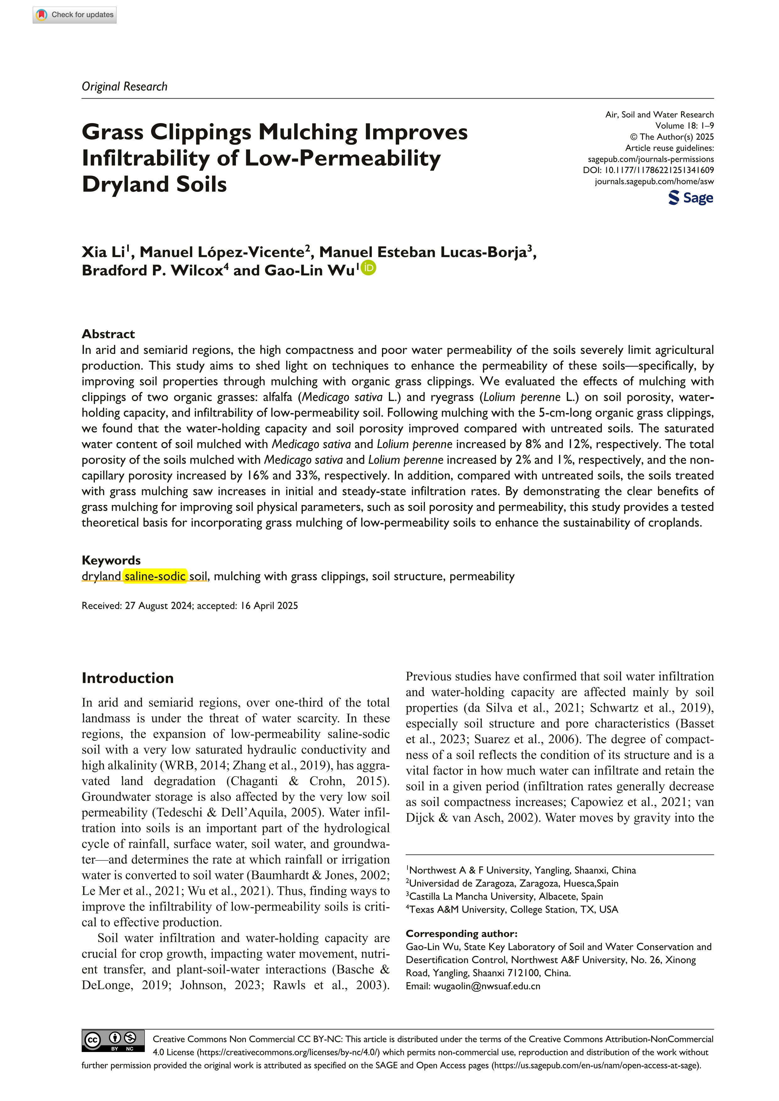 Grass Clippings Mulching Improves Infiltrability of Low-Permeability Dryland Soils