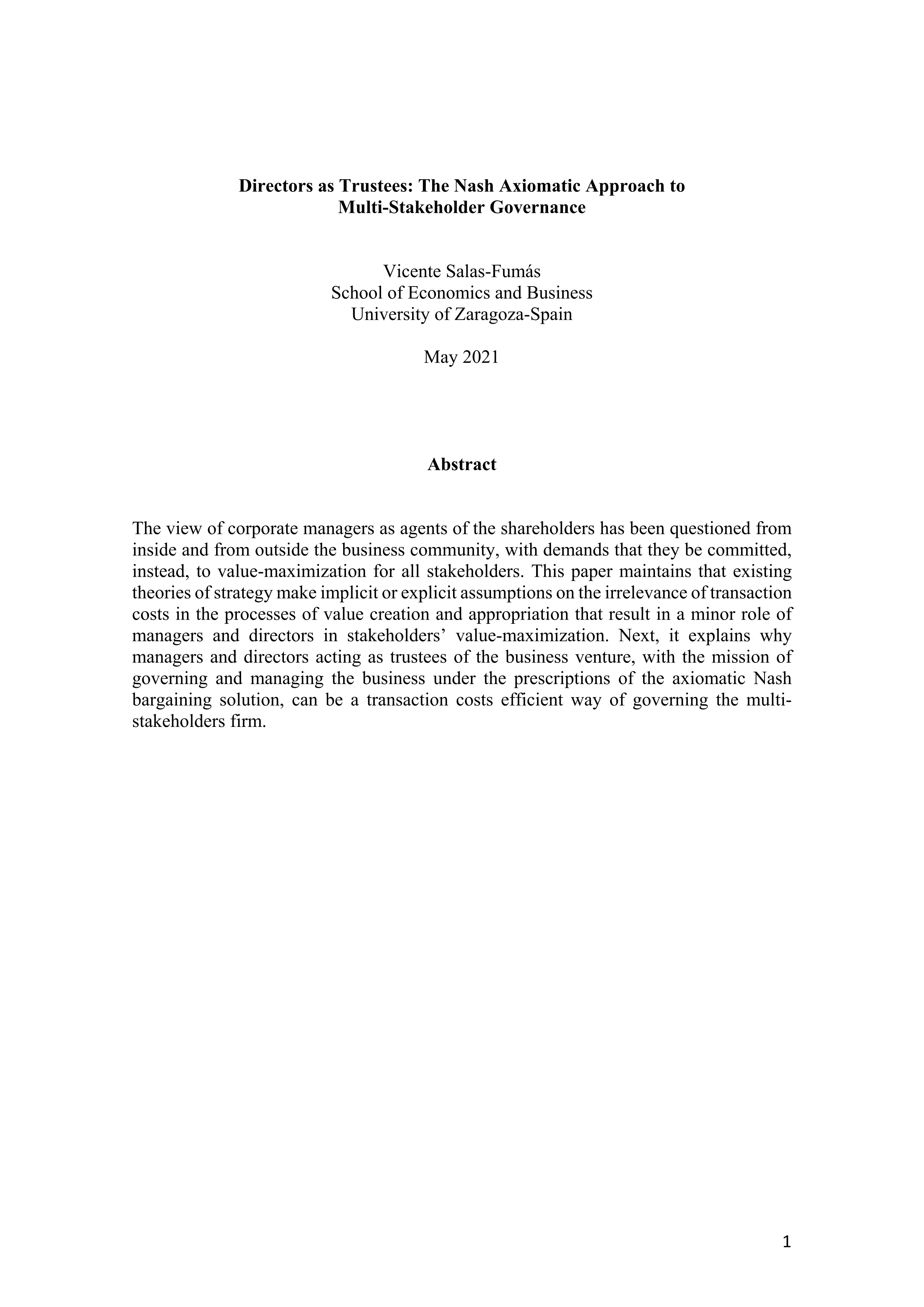 Directors as trustees: the Nash axiomatic approach to multi-stakeholder governance