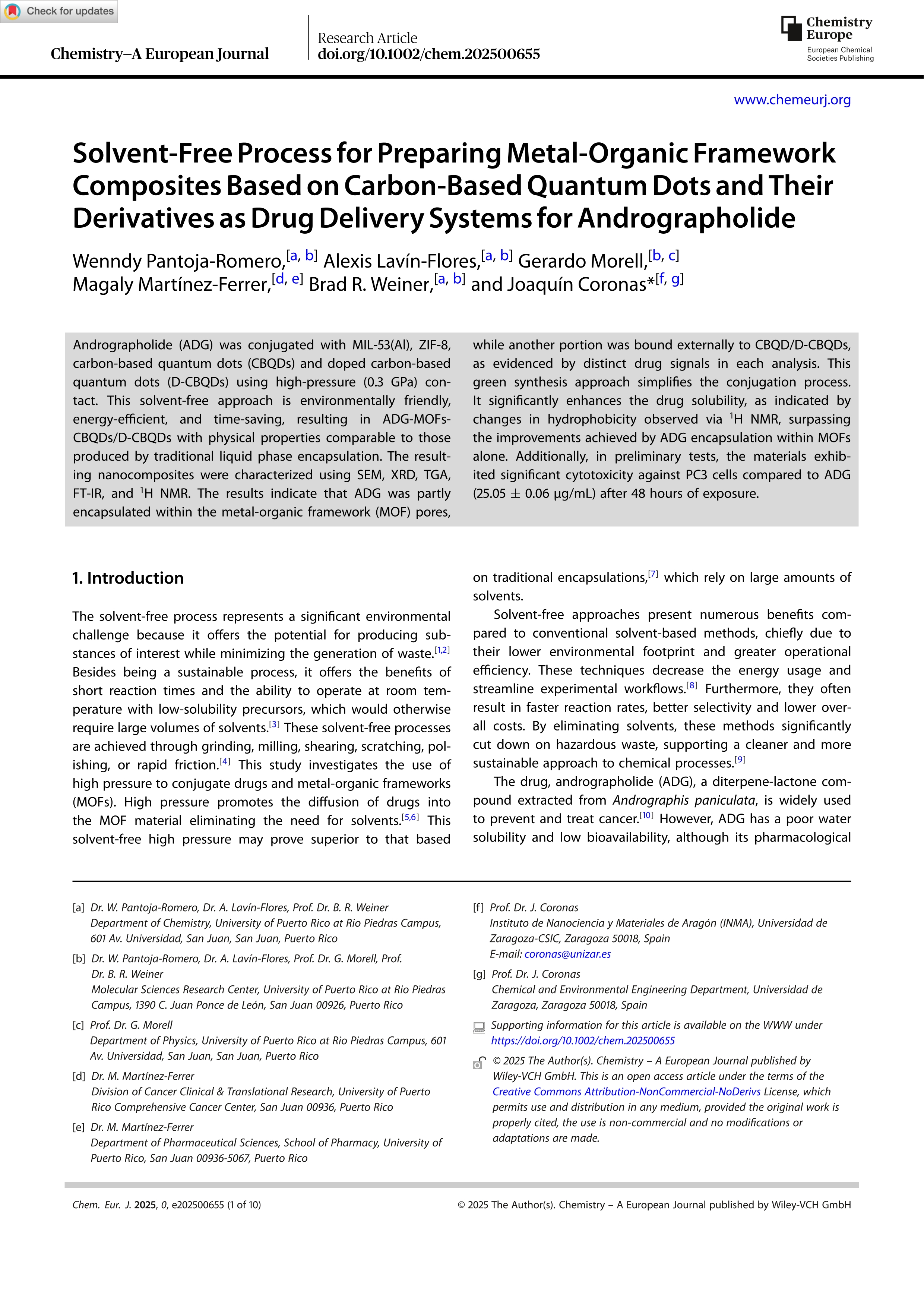 Solvent‐Free Process for Preparing Metal‐Organic Framework Composites Based on Carbon‐Based Quantum Dots and Their Derivatives as Drug Delivery Systems for Andrographolide