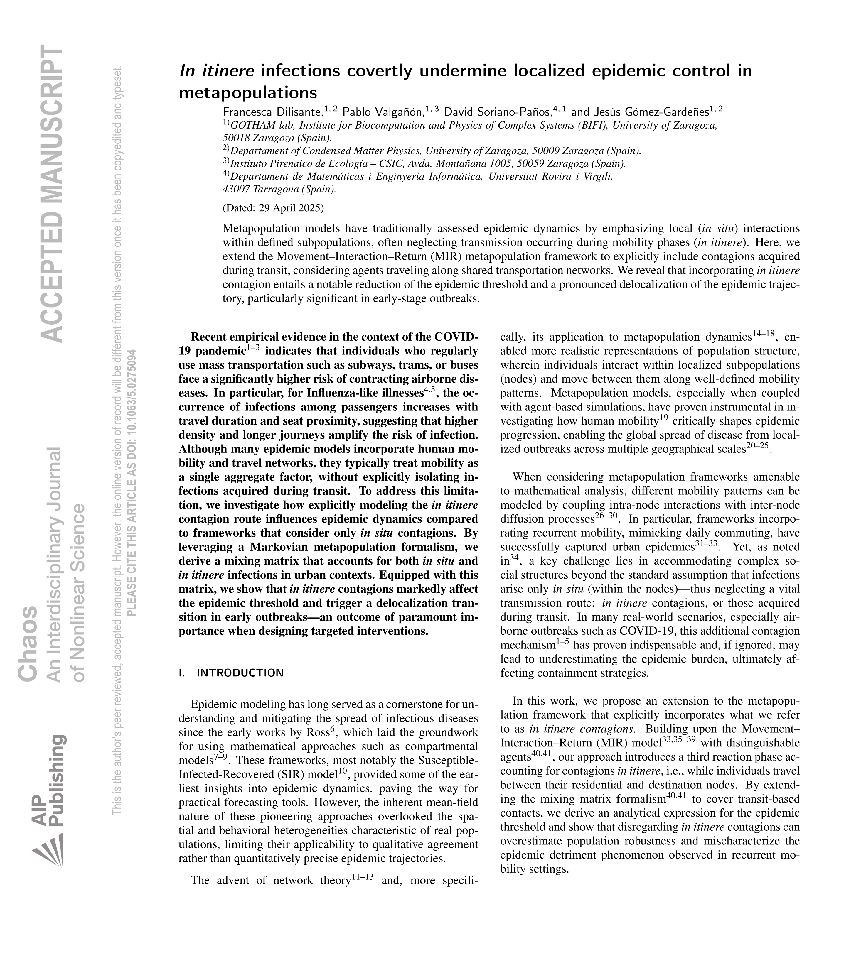 In itinere infections covertly undermine localized epidemic control in metapopulations