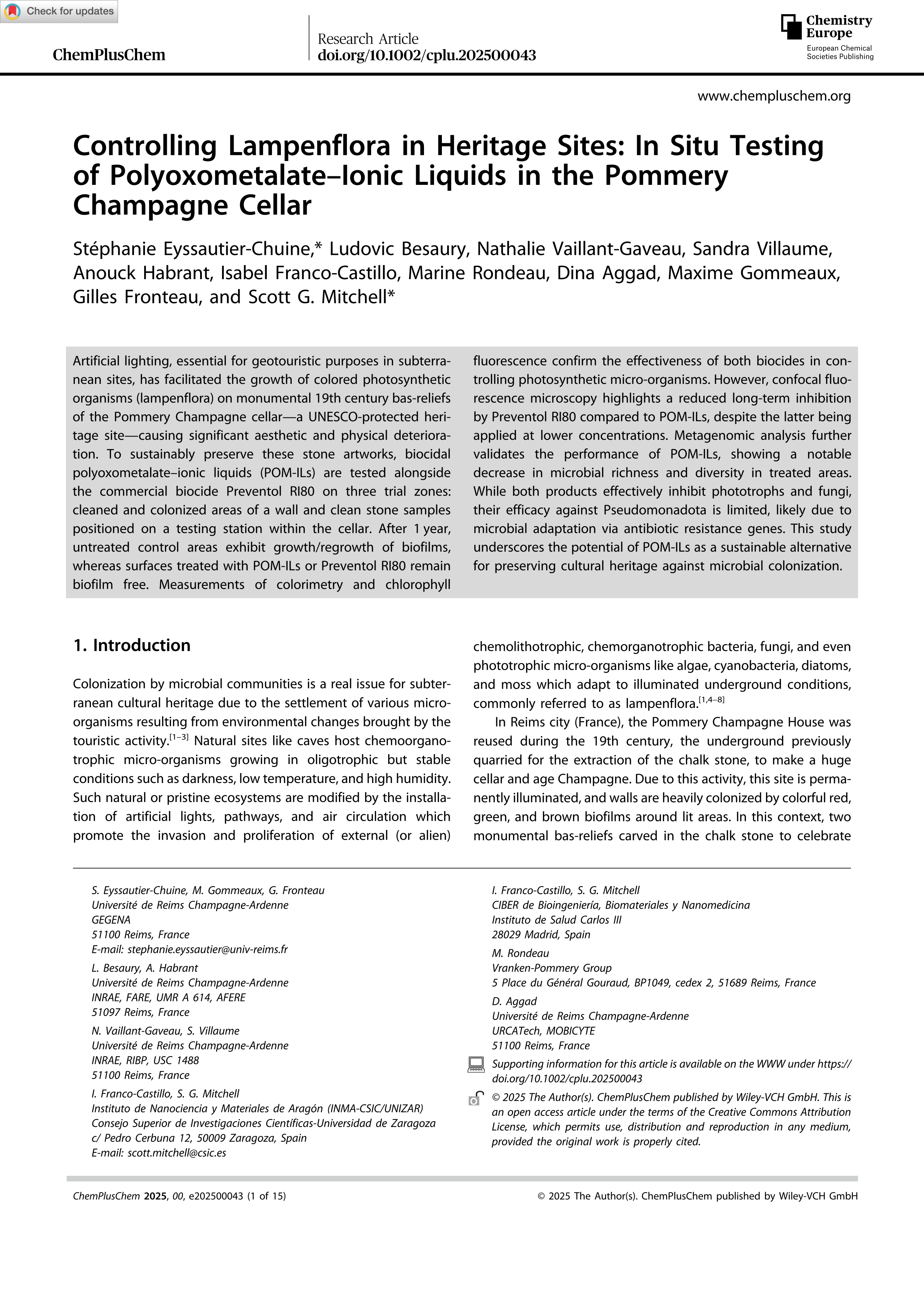 Controlling Lampenflora in Heritage Sites: In Situ Testing of Polyoxometalate–Ionic Liquids in the Pommery Champagne Cellar