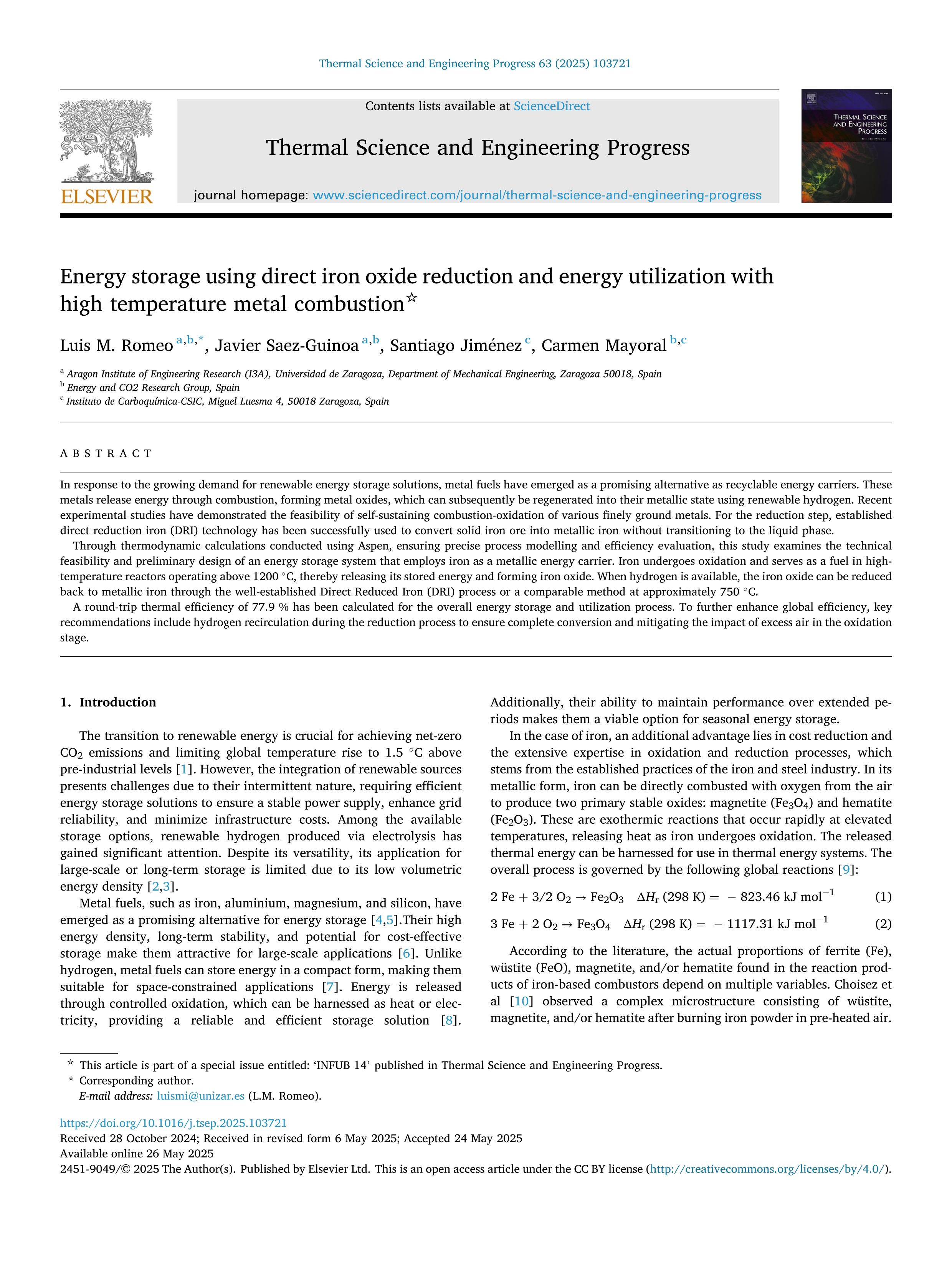 Energy storage using direct iron oxide reduction and energy utilization with high temperature metal combustion