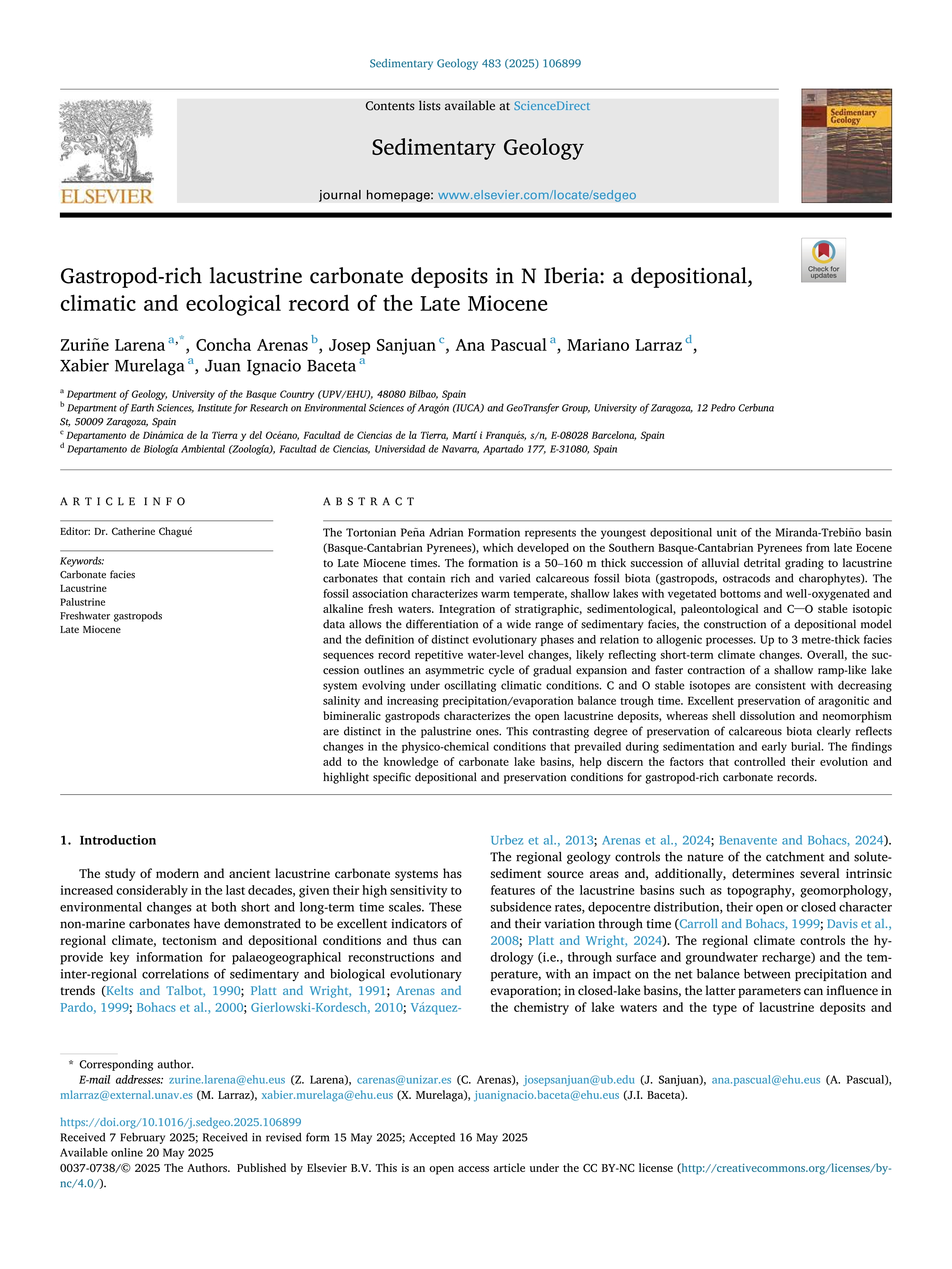 Gastropod-rich lacustrine carbonate deposits in N Iberia: a depositional, climatic and ecological record of the Late Miocene
