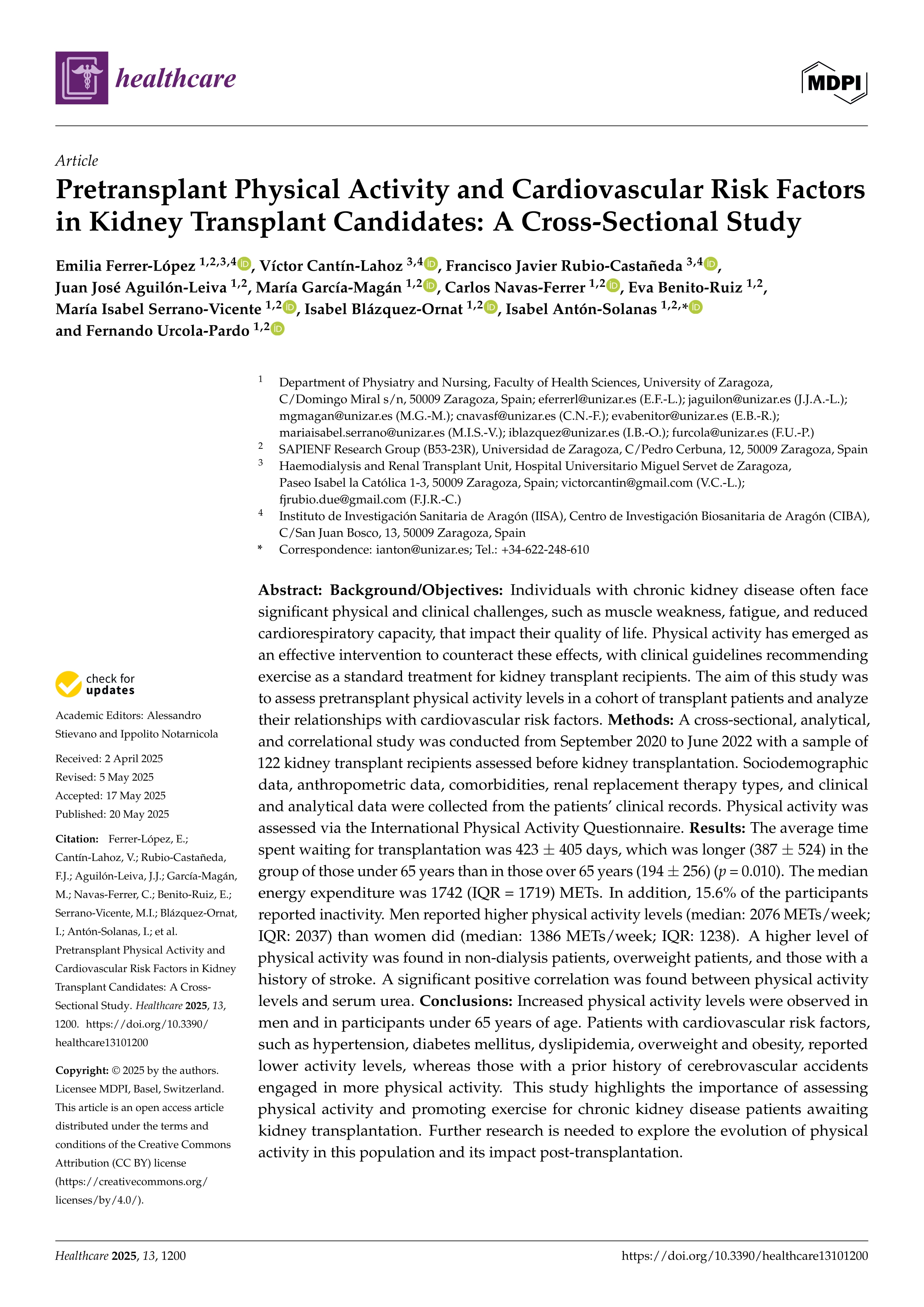 Pretransplant Physical Activity and Cardiovascular Risk Factors in Kidney Transplant Candidates: A Cross-Sectional Study