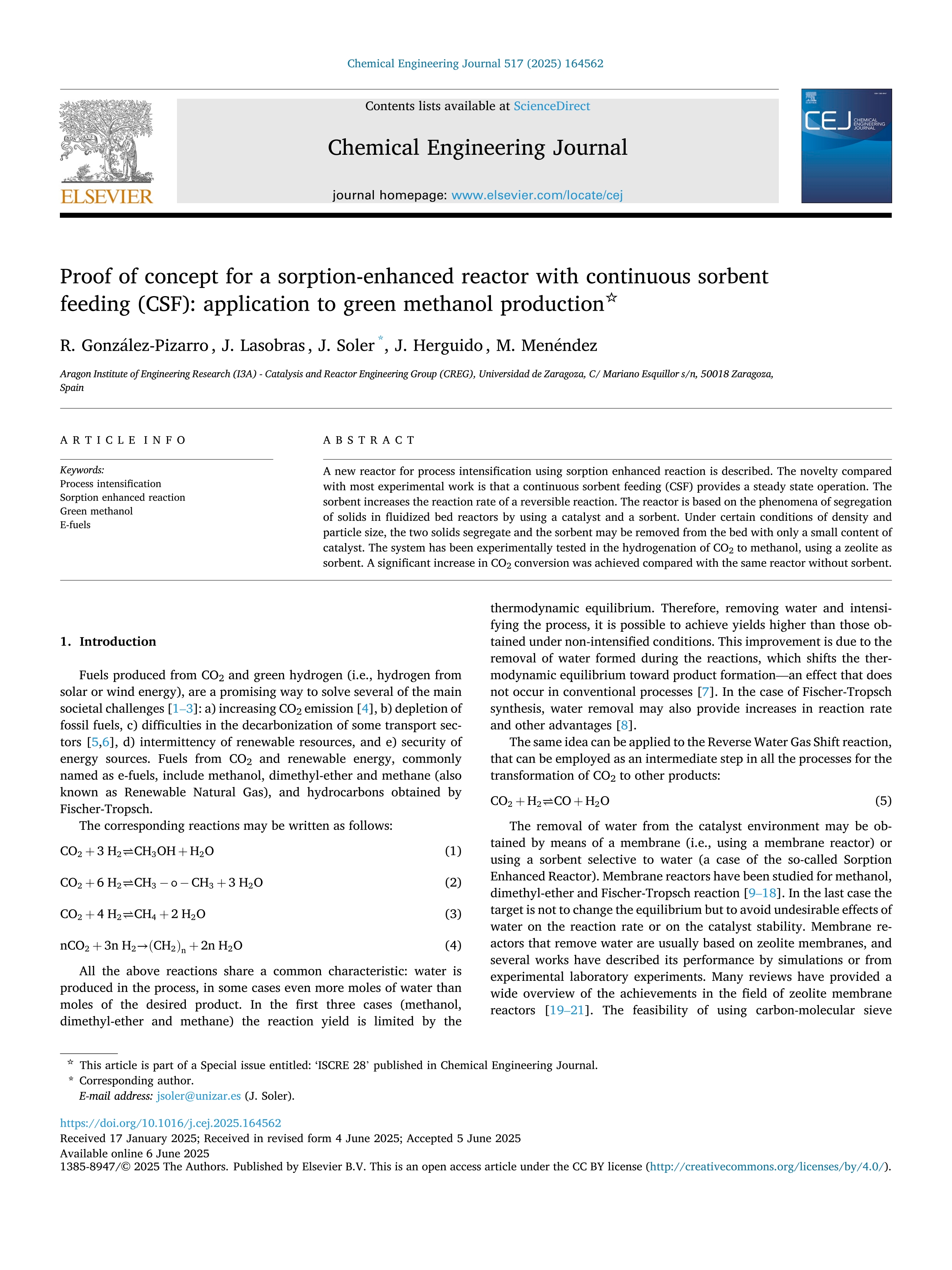 Proof of concept for a sorption-enhanced reactor with continuous sorbent feeding (CSF): application to green methanol production