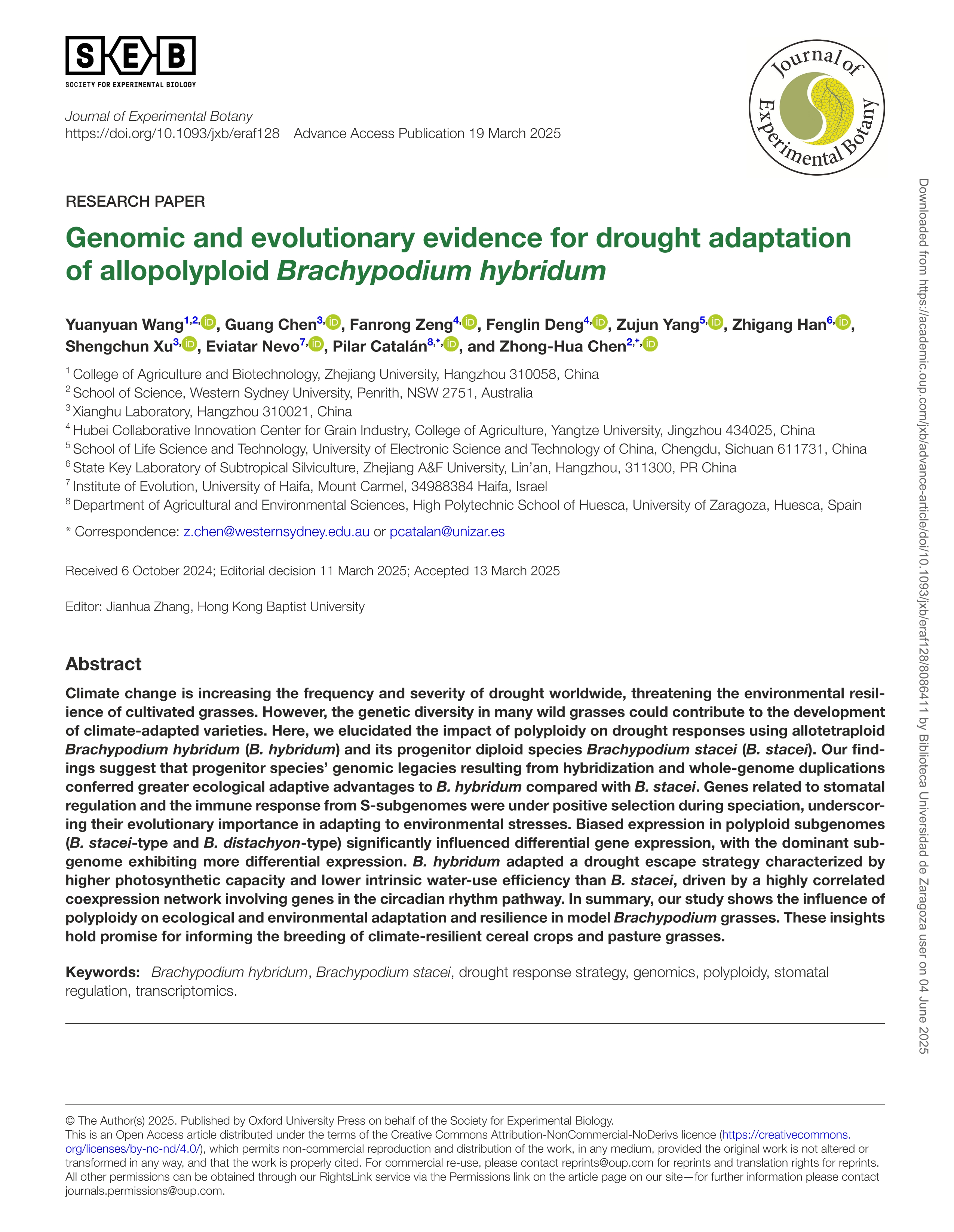 Genomic and evolutionary evidence for drought adaptation of allopolyploid Brachypodium hybridum