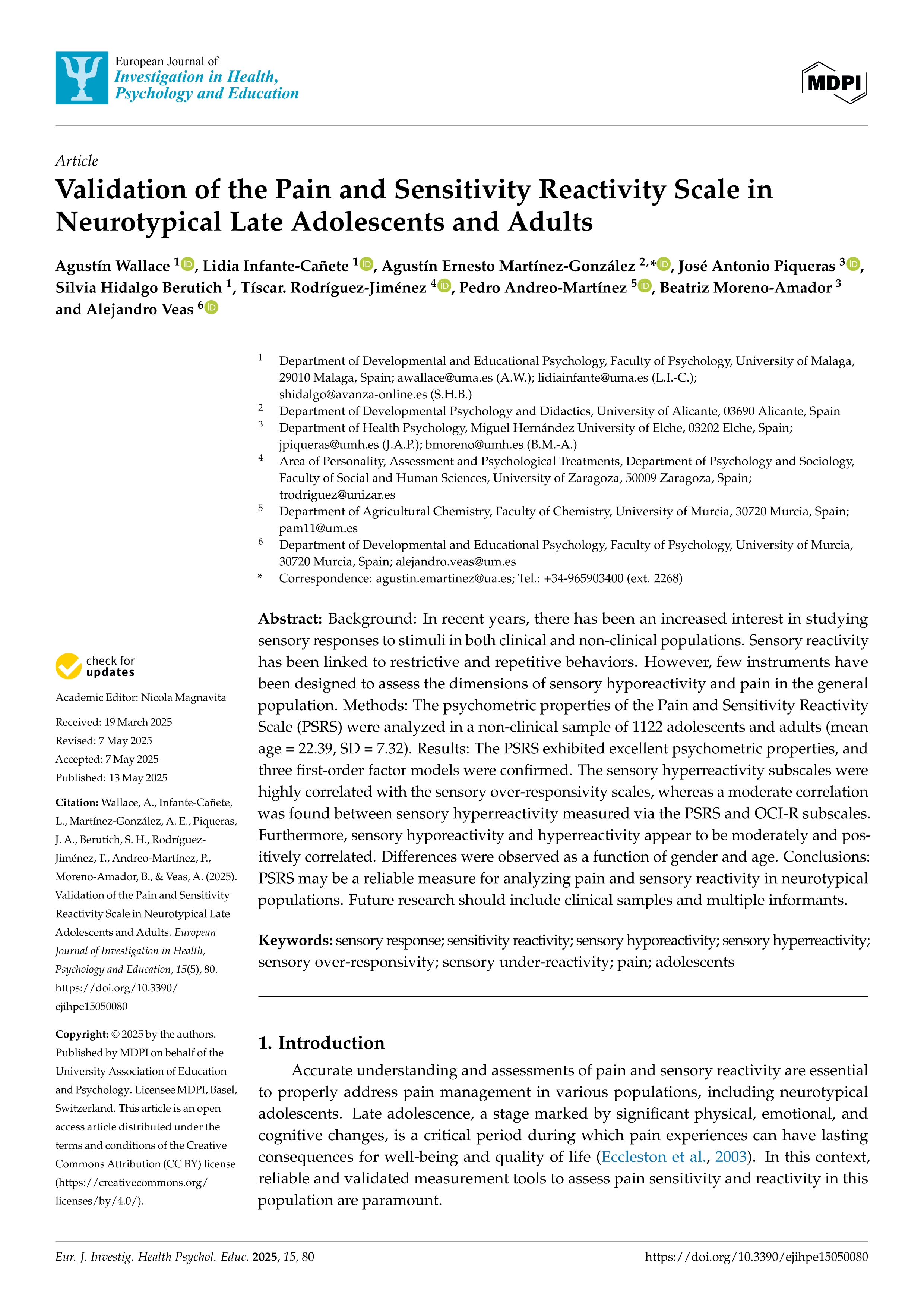 Validation of the Pain and Sensitivity Reactivity Scale in Neurotypical Late Adolescents and Adults