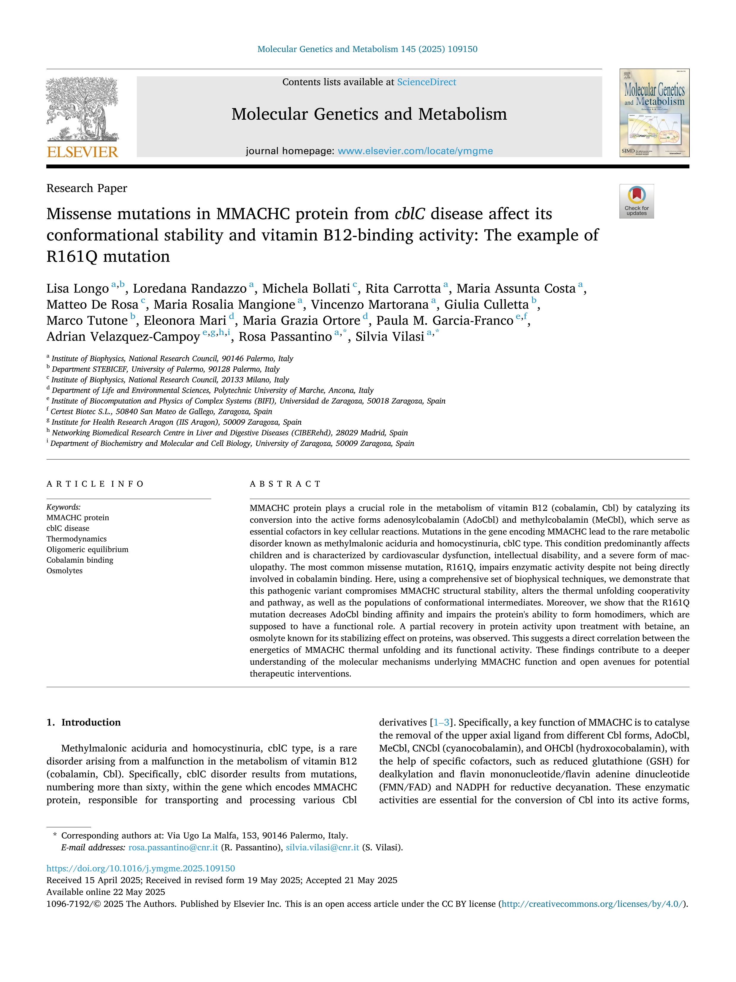 Missense mutations in MMACHC protein from cblC disease affect its conformational stability and vitamin B12-binding activity: The example of R161Q mutation