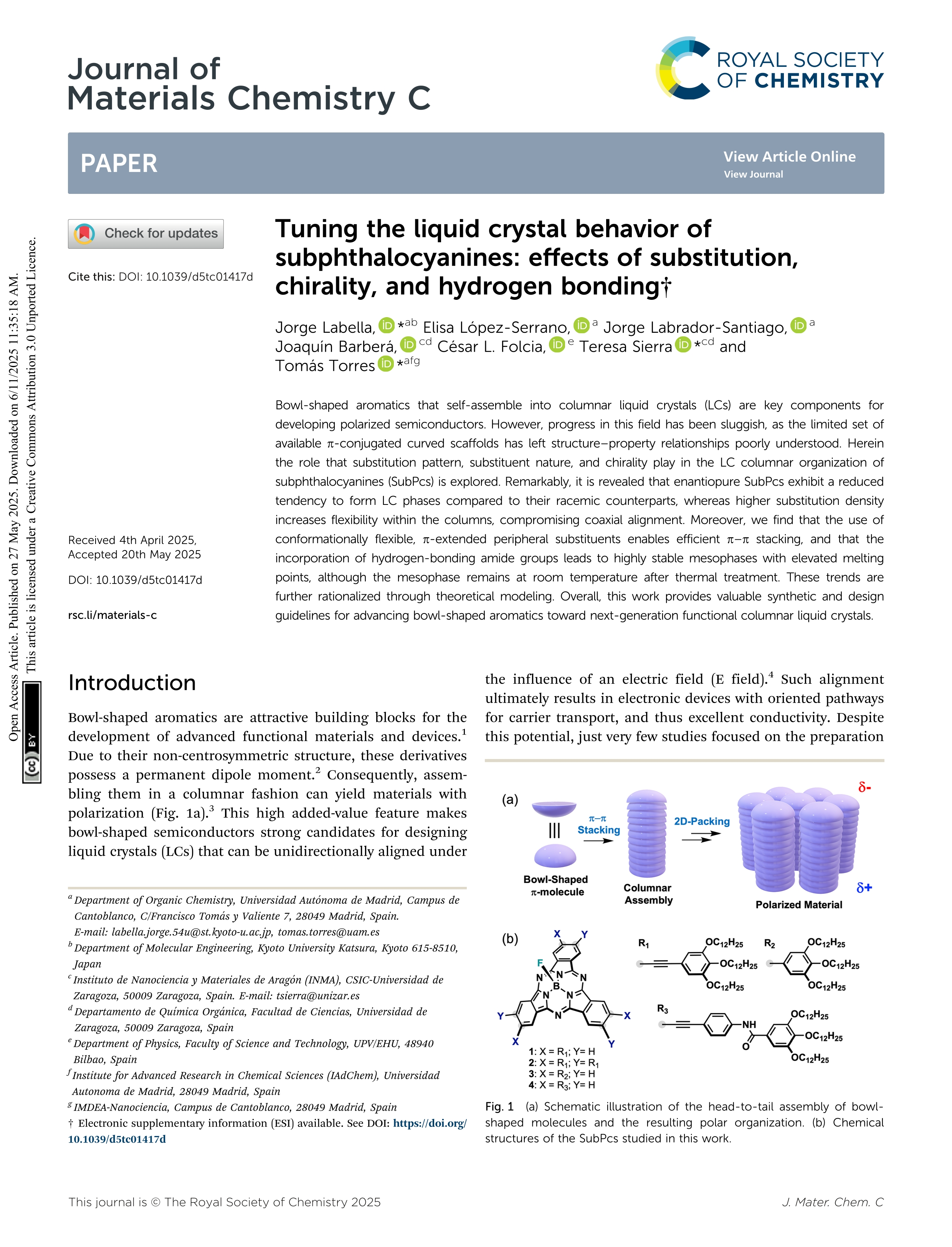 Tuning the liquid crystal behavior of subphthalocyanines: effects of substitution, chirality, and hydrogen bonding