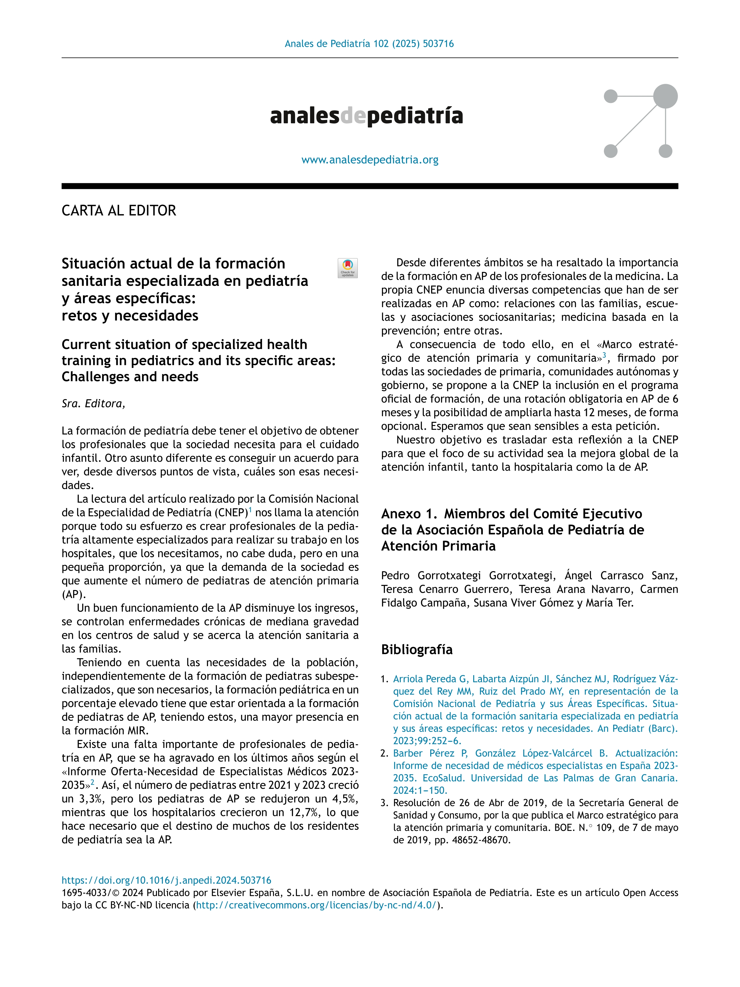 Situación actual de la formación sanitaria especializada en pediatría y áreas específicas: retos y necesidades