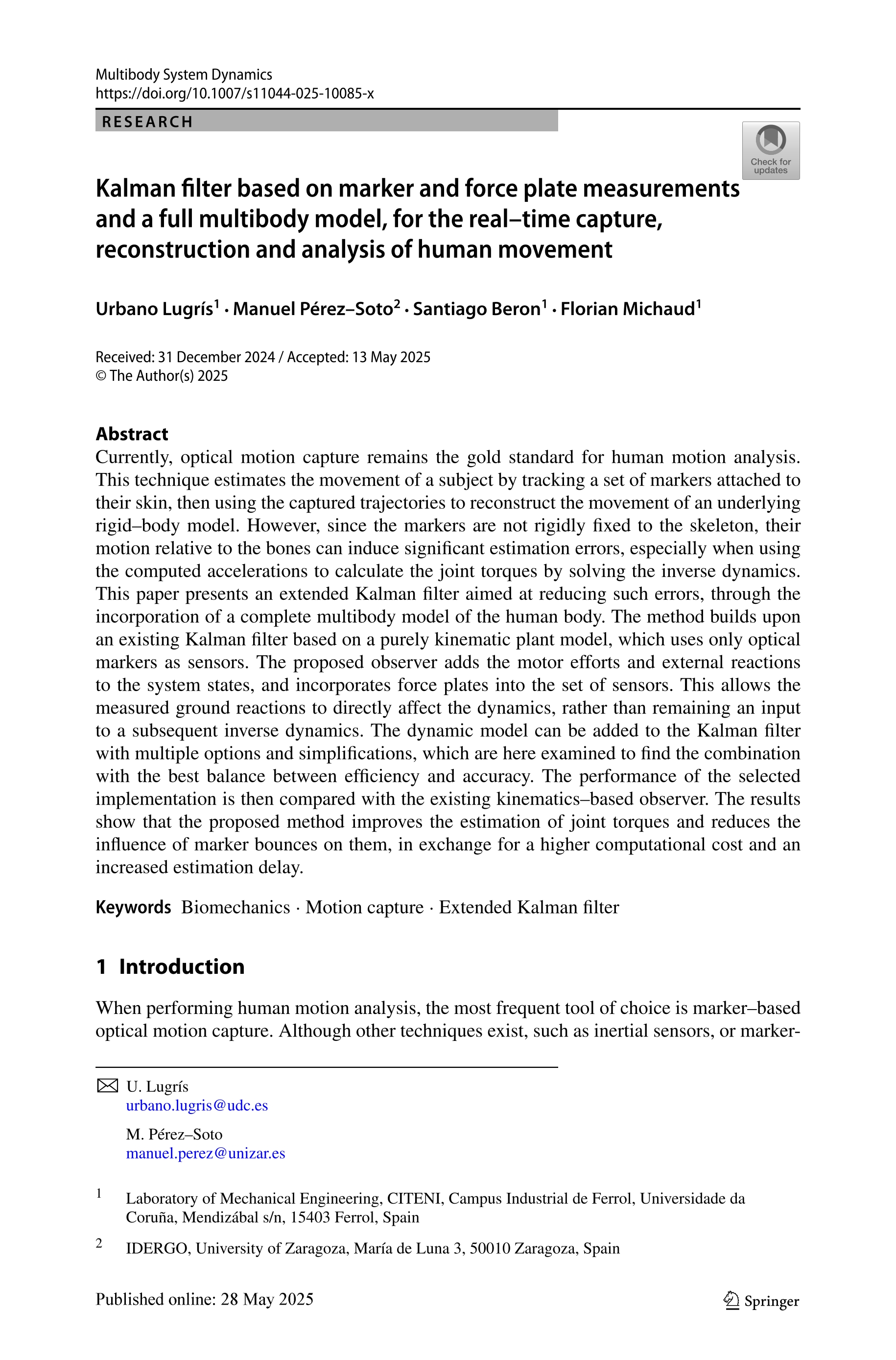 Kalman filter based on marker and force plate measurements and a full multibody model, for the real–time capture, reconstruction and analysis of human movement