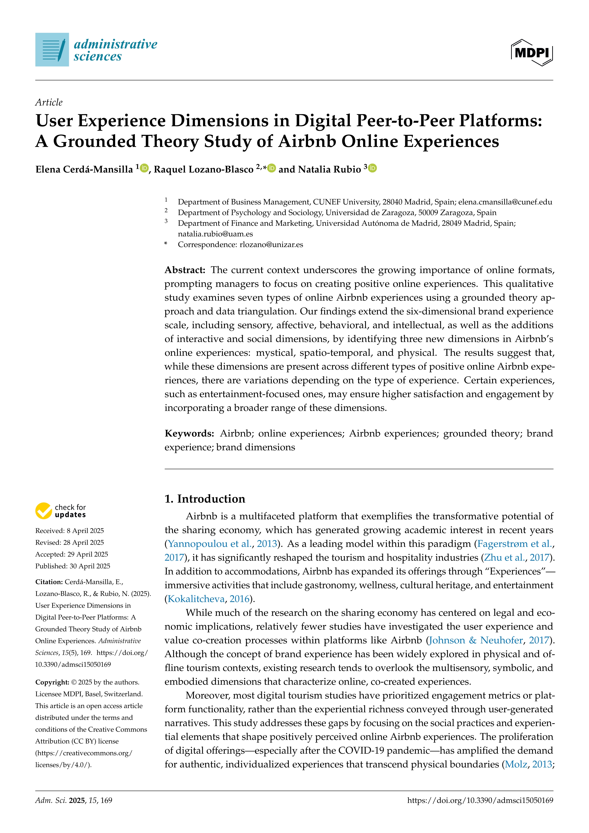 User Experience Dimensions in Digital Peer-to-Peer Platforms: A Grounded Theory Study of Airbnb Online Experiences